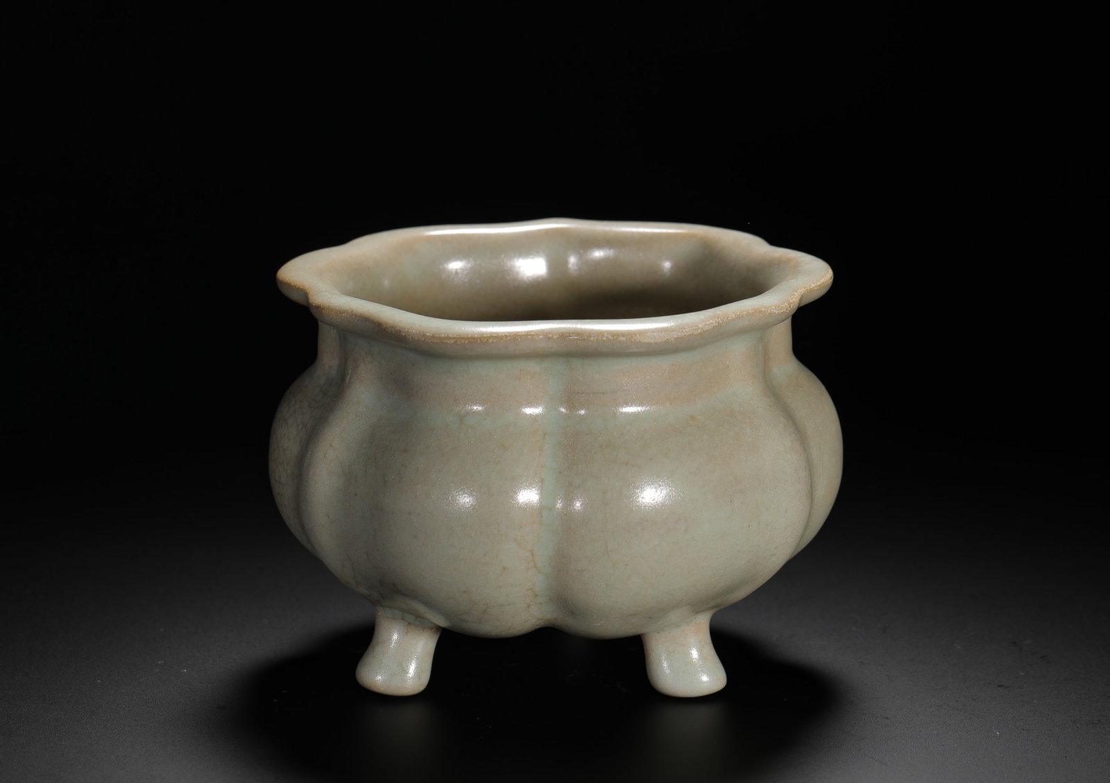 A CELADON MELON-SHAPED THREE-LEGGED FURNACE FROM THE SONG DYNASTY RU KILN (1 of 6)