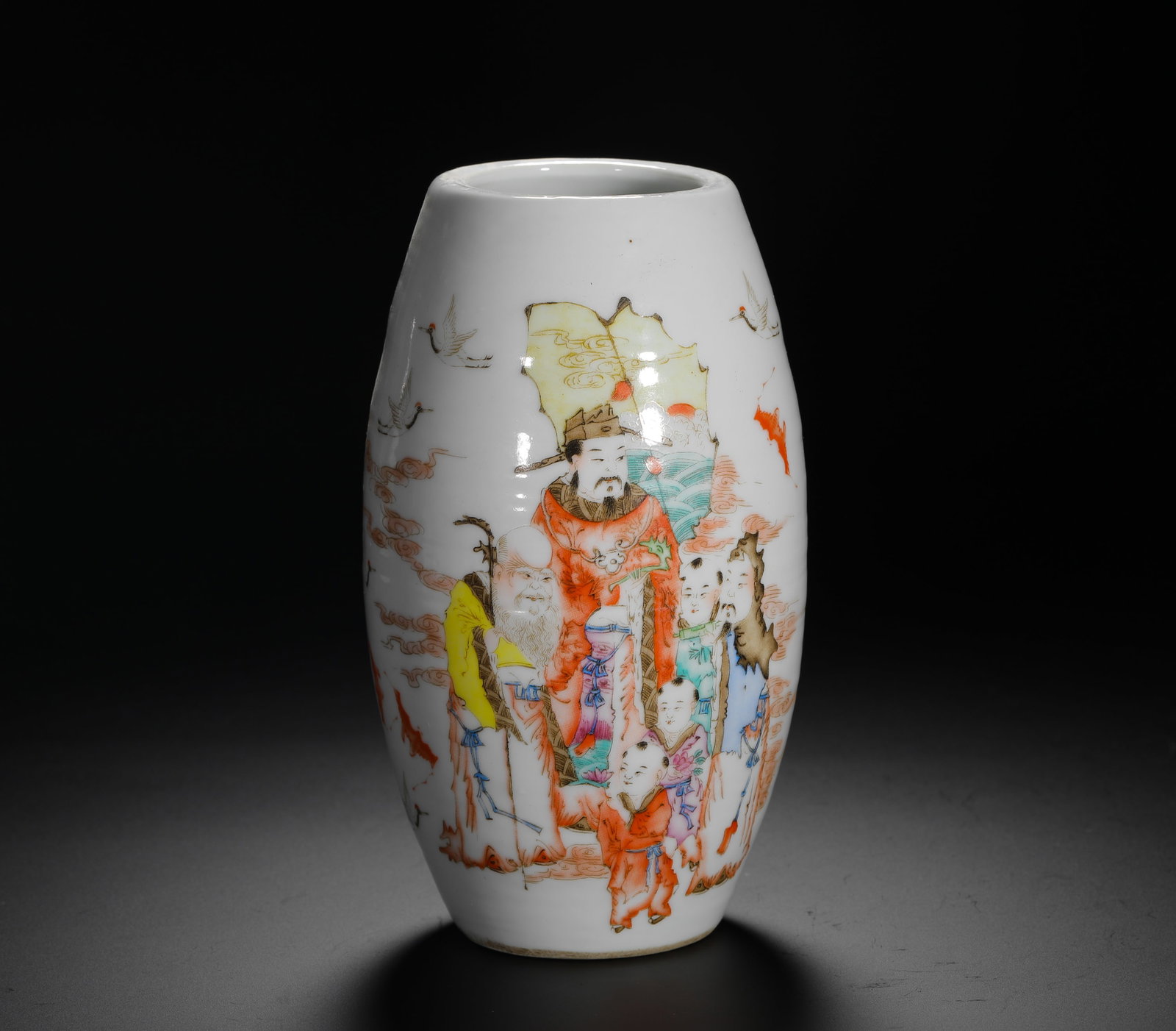 OLIVE VASE WITH THE "THREE STARS OF HAPPINESS, LONGEVITY AND PROSPERITY" PATTERN IN PASTEL COLORS OF: H:15.5cm (6.10in) D:9cm (3.54in) Weight:480g (1.06lb) This is a Republic of China period famille rose vase with a Hongxian-style mark, decorated with the Three Stars of Fortune, Prosperity, and Longev