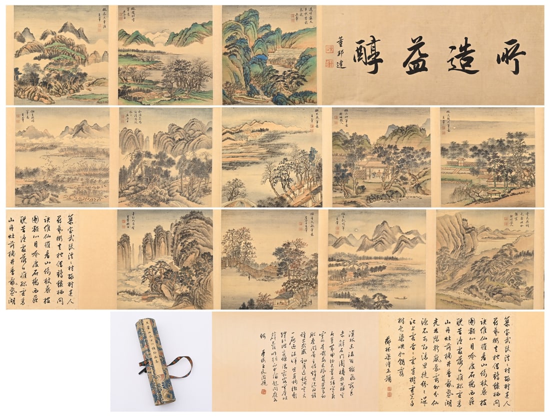 TWELVE MASTERPIECES OF LANDSCAPE PAINTINGS BY WANG HUI OF THE QING DYNASTY: Long:492cm(193.70in) Width:29cm(11.42in)Color landscape scroll on silk. The frontispiece bears calligraphy title "Achieve More Refined Taste" inscribed by Dong Bangda. Twelve scenic paintings unfold i