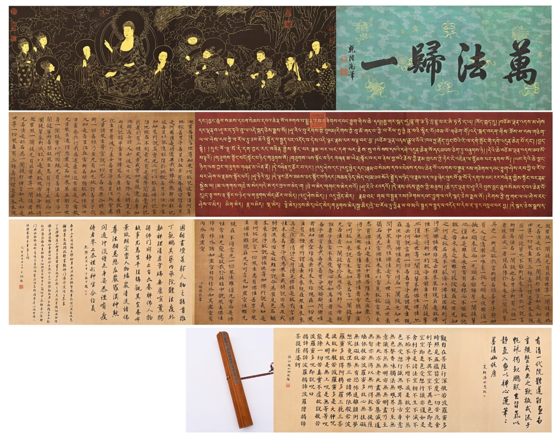 QING DYNASTY DING GUANPENG'S ZEN AND BUDDHIST CHARACTER STORY SCROLL: Long:1043cm(410.63in) Width:59.3cm(23.35in)Silk Buddhist long scroll. The frontispiece bears imperial calligraphy "All Dharmas Return to One" inscribed by the Qianlong Emperor, stamped with Qing imper