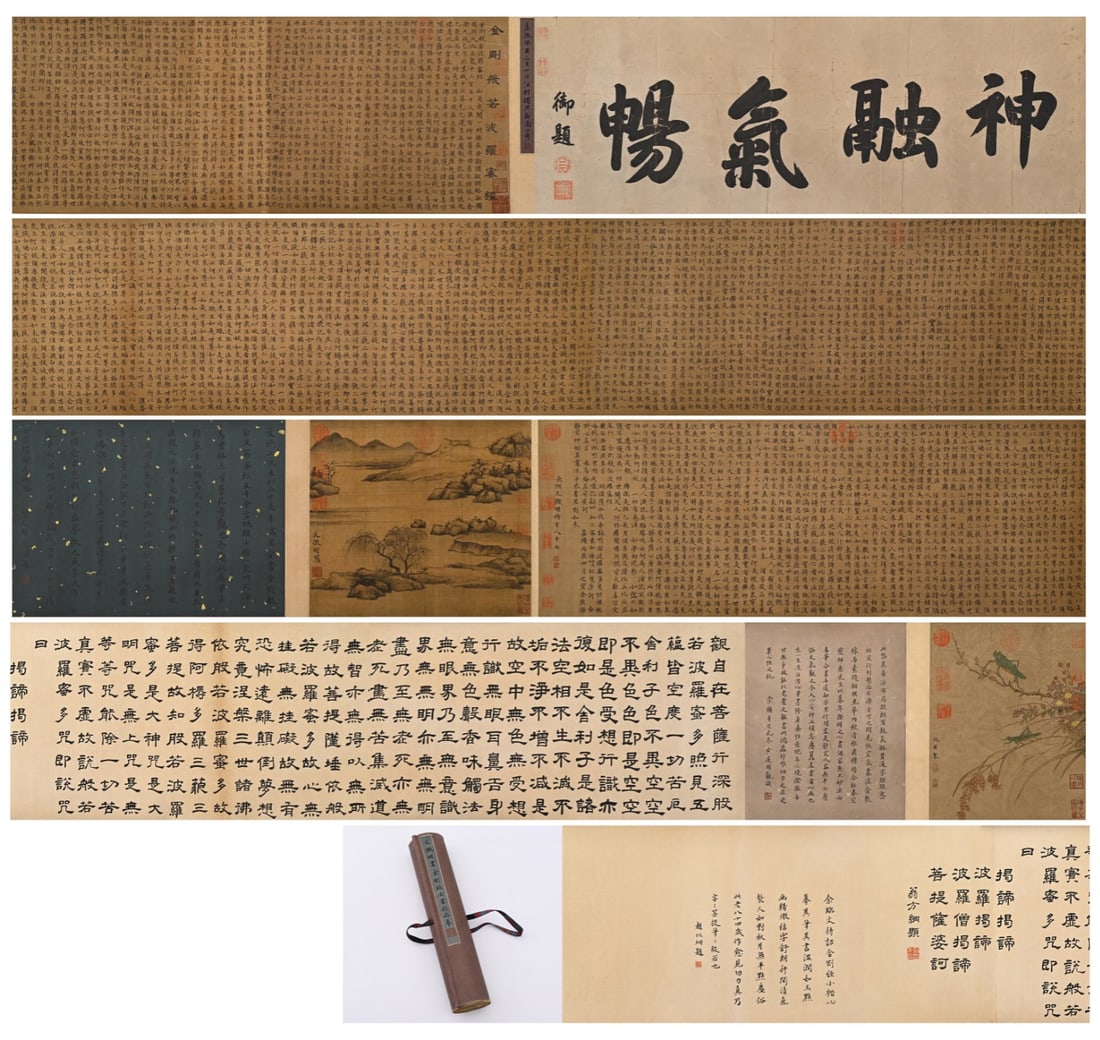 MING WEN ZHENGMING (1470-1559) WROTE THE VAJRACCHEDIKA SUTRA: Long:808cm(318.11in) Width:36.6cm(14.41in)Regular script hand scroll on silk. The frontispiece bears imperial calligraphy "Spirit and Vitality in Harmony" covered with ancient collection seals. The wh