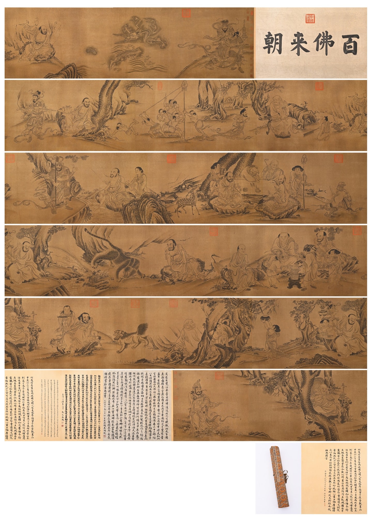 WU DAOZI OF THE TANG DYNASTY (C. 680-759) PAINTED THE SCROLL OF "A HUNDRED BUDDHAS COMING TO PAY: Long:1989cm(783.07in) Width:72.4cm(28.50in)Line-drawing religious figure scroll on silk. The frontispiece bears the title "Hundreds of Buddhas Gathering". The scroll depicts arhats, guardian deities a