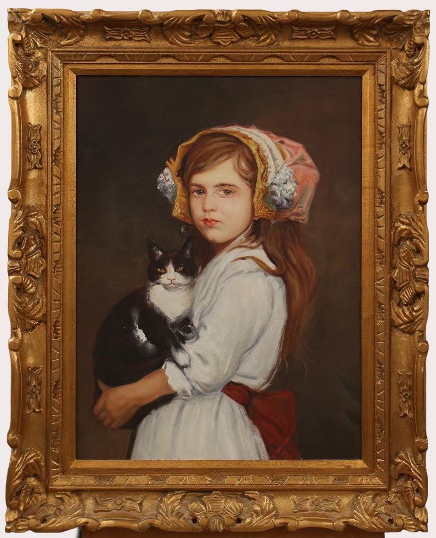 MID-20TH CENTURY EUROPEAN FIGURE PAINTING: Oil painting on canvas, framed with solid wood and gilded. The artwork depicts a young girl holding a black cat, rendered with fine detail, natural colors, and vivid expression. Overall in good condit