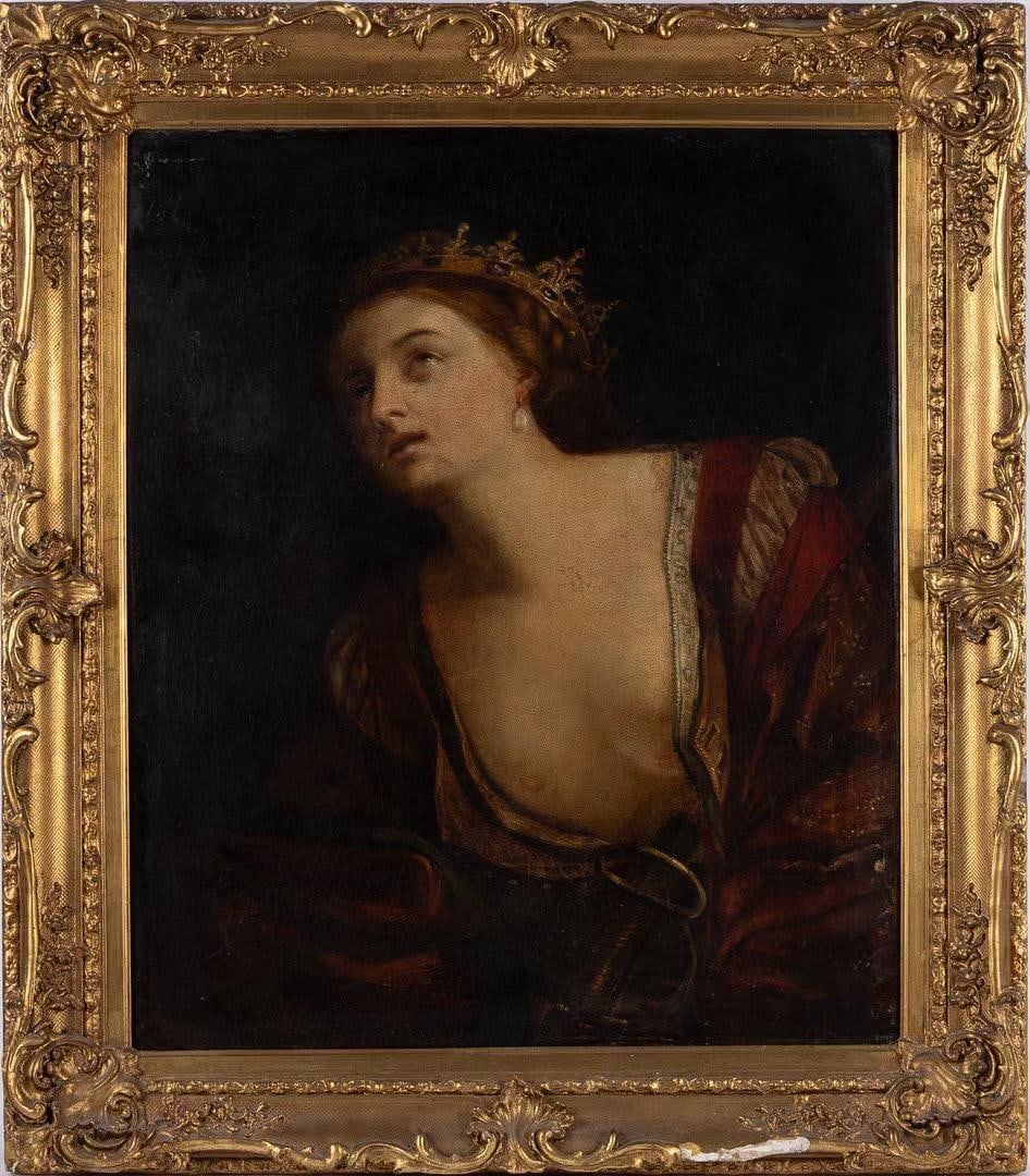 19TH-CENTURY EUROPEAN PORTRAIT OIL PAINTINGS: Oil painting on canvas, framed in solid wood with gold leaf. The artwork depicts a portrait of a young woman wearing a crown, richly detailed in attire, rendered in subdued colors and delicate