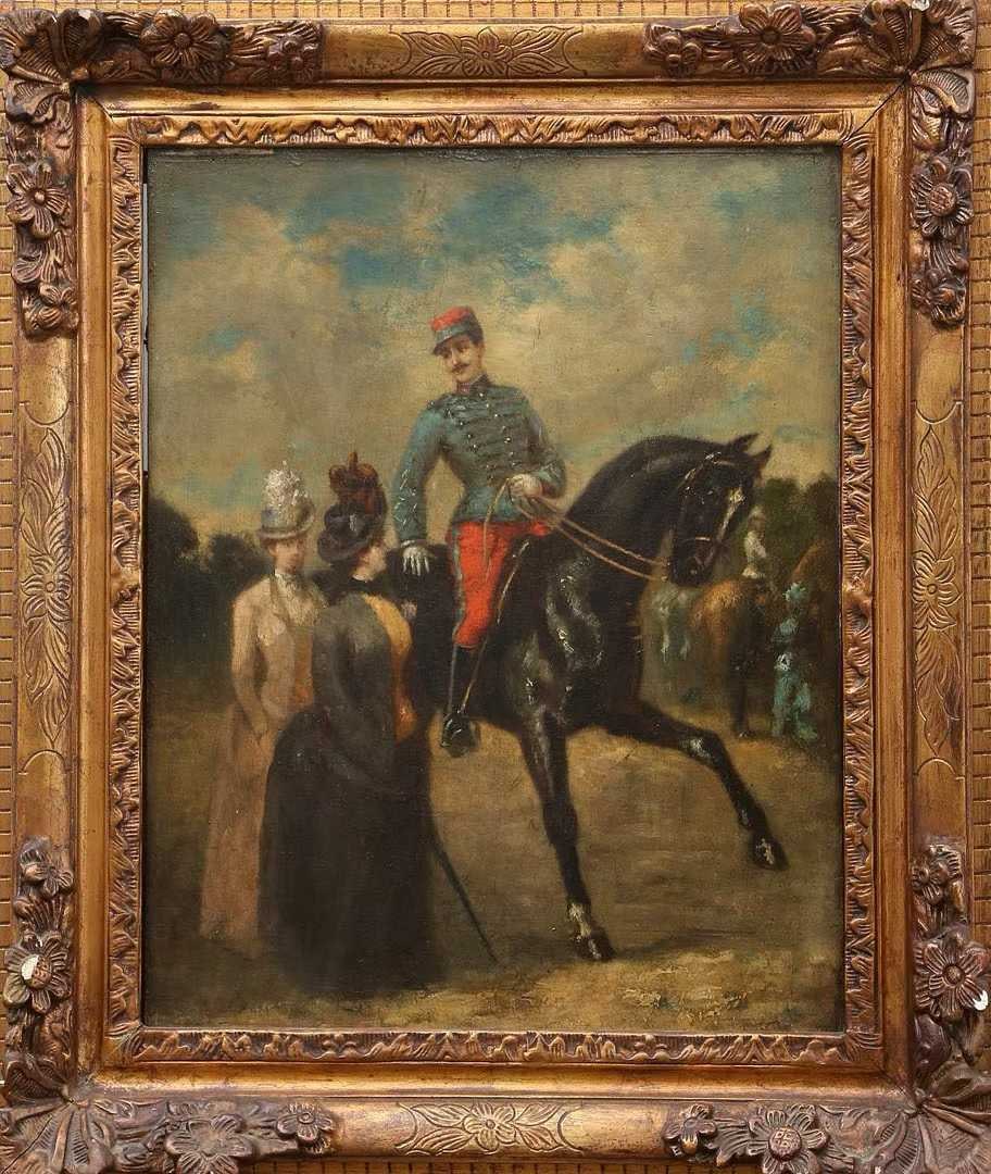 PORTRAITS OF FRENCH NOBLEMEN FROM THE LATE 19TH CENTURY: The painting depicts a mounted officer with two ladies in an outdoor scene, featuring vivid colors and rich details. Signed on the back of the panel, it is framed in a solid wood gilded frame and