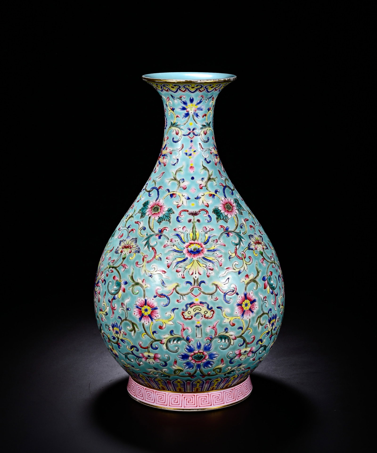 QING JIAQING PINE AND STONE GREEN SPACE PASTEL LOTUS PATTERN JADE HUCHUN VASE: Height:31cm (12.20in) , Diameter:17cm (6.69in) An imperial pear?shaped (yuhuchun) vase of Jiaqing reign. It features flared rim, slender neck, soft drooping belly and splayed foot ring with elegant fl