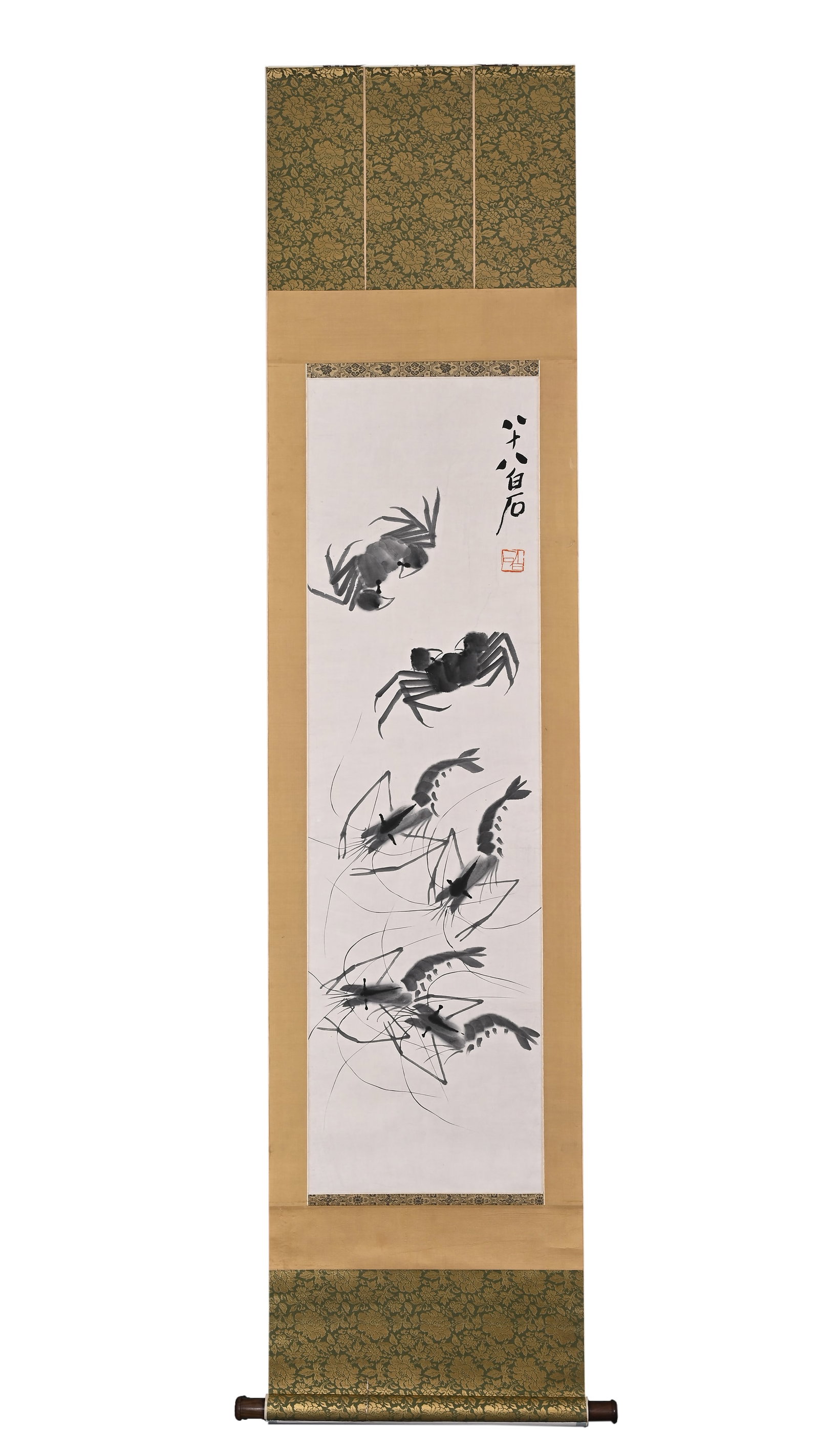QI BAISHI (1864-1957) INK-WASH FISH AND SHRIMP VERTICAL SCROLL: Height:120cm (47.24in) Width:34cm (13.39in) Vertical ink shrimp and crab scroll by Qi Baishi. Ink painting of crabs and river shrimp, simple transparent brushwork, inscribed "Painted by Baishi at eigh