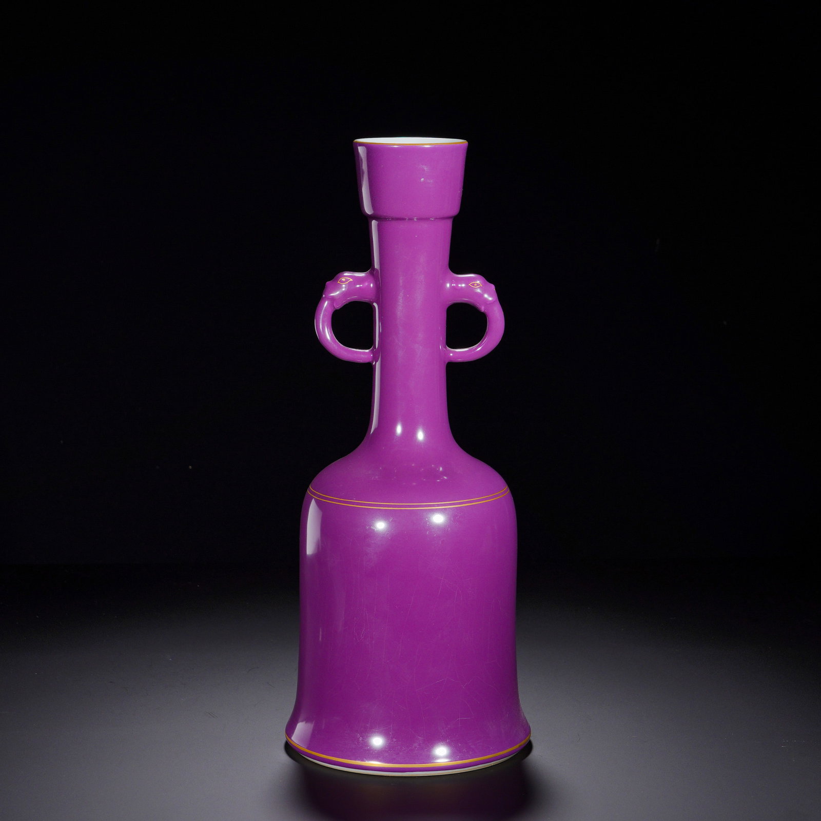 QING YONGZHENG EGGPLANT SKIN PURPLE GLAZE GILDED DOUBLE BEAST EAR BELL STYLE VASE (1 of 10)