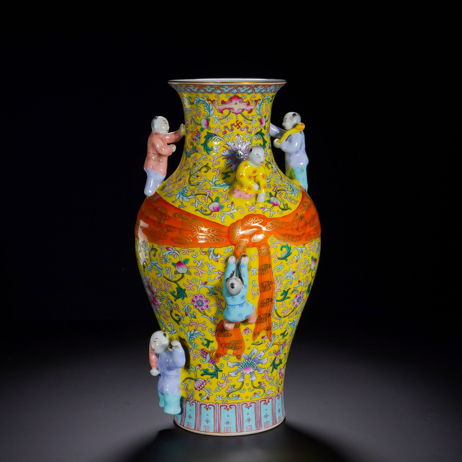 QING DYNASTY QIANLONG PASTEL LOTUS PATTERNED VASE: Height:33cm (12.99in) , Diameter:19cm (7.48in) Grand imperial display vase of Qianlong reign. Flared mouth, contracted neck, full shoulder, swelling body and raised foot. Bright yellow ground fully co