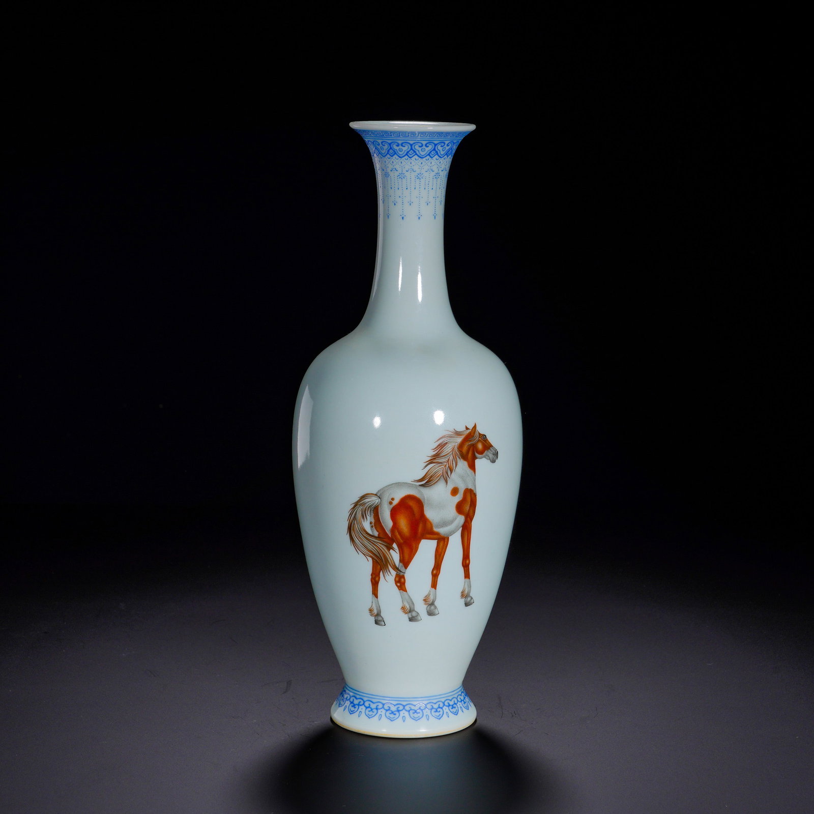 QING YONGZHENG PASTEL HORSE PATTERN GUANYIN VASE: Height:25cm (9.84in) , Diameter:10cm (3.94in) Guanyin?form vase with flared mouth, long neck, full shoulder, tapered body and ring foot, elegant silhouette with fine lustrous white glaze. The rim and 