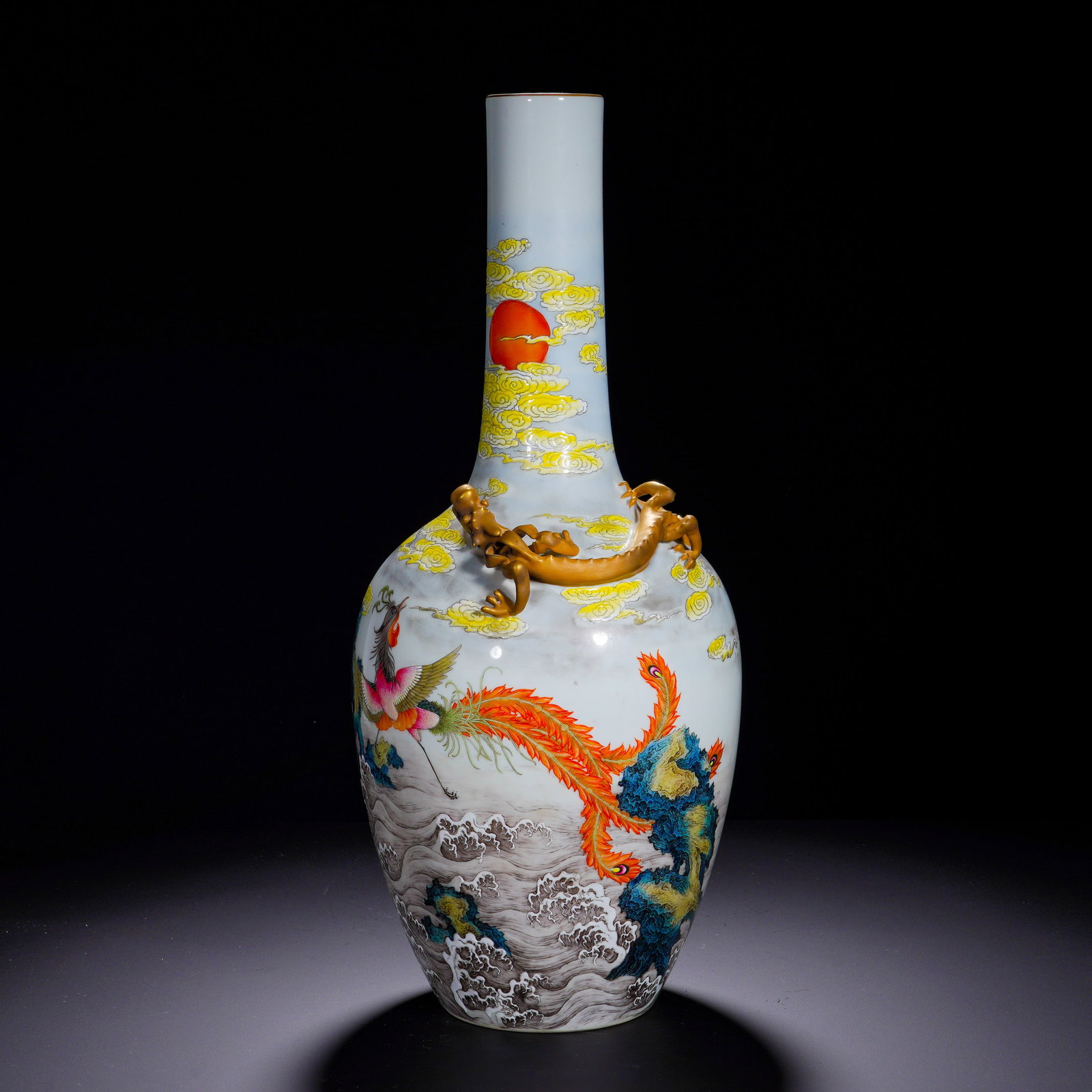 QING DYNASTY QIANLONG PASTEL SEA PHOENIX-PATTERNED PILE SCULPTURE GILDED CHILONG LONG NECK VASE: Height:47cm (18.50in) , Diameter:21cm (8.27in) An imposing imperial?style display vase of Qianlong reign. Slender long neck and full ovoid body. The neck is painted with rosy?cloud and sun motif. A th