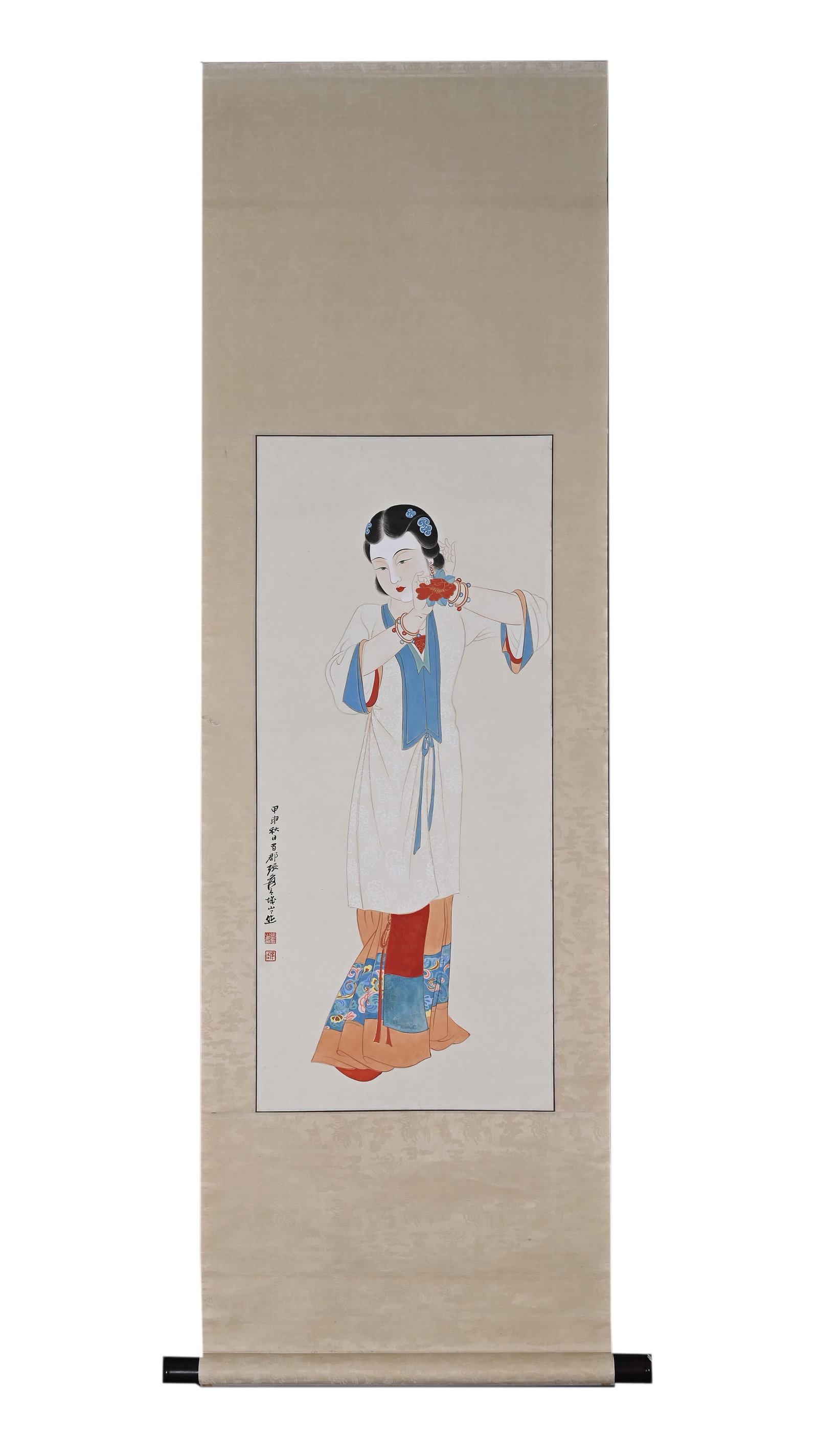 ZHANG DAQIAN'S LADY STANDING SCROLL: Height:86cm (33.86in) , Width:38cm (14.96in) Vertical heavy-color beauty scroll on paper by Zhang Daqian, mounted with antique pale patterned silk brocade. Painted in meticulous gongbi style, the lady