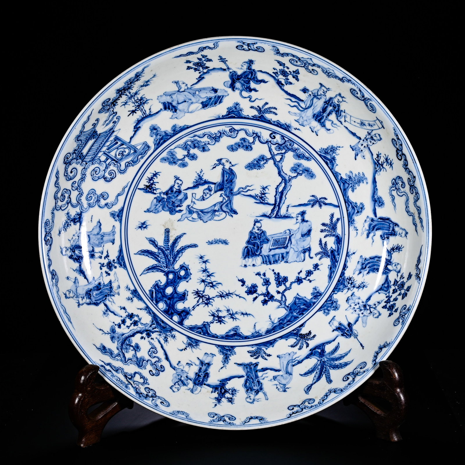 A LARGE PLATE OF MING CHENGHUA BLUE AND WHITE PAINTINGS OF HIGH SCHOLARS IN MUSIC, CHESS, (1 of 8)