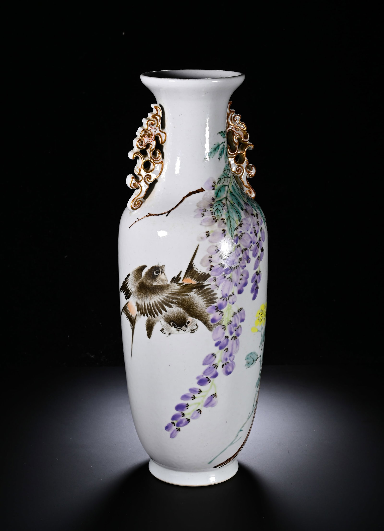QING GUANGXU PASTEL WISTERIA DOUBLE SPARROW PATTERN DOUBLE-EARED LARGE VASE (1 of 7)
