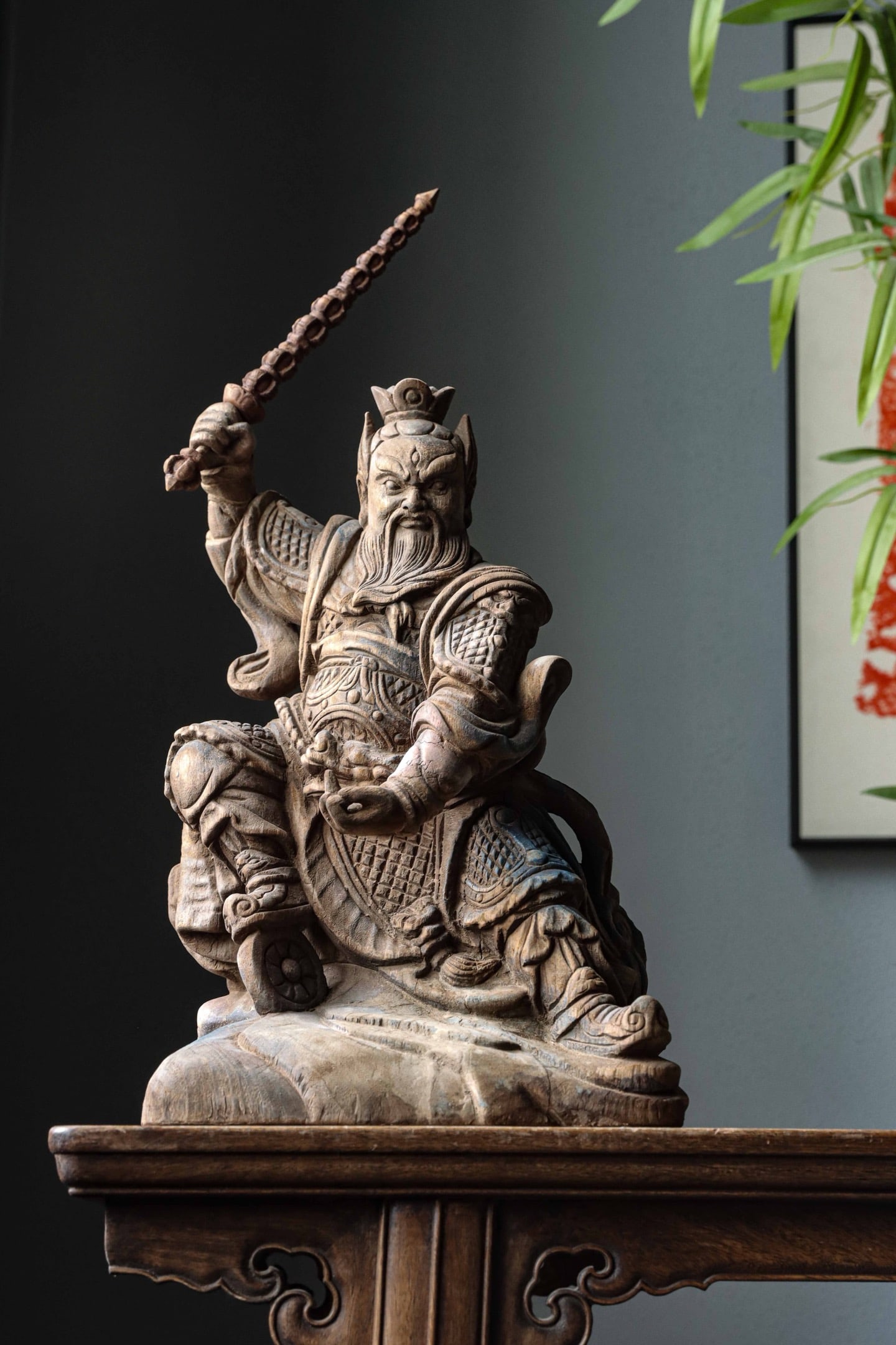 SONG DYNASTY CAMPHOR WOOD ? WANG LINGGUAN STATUES: Height:52cm (20.47in) Width:26cm (10.24in) Thick:18cm (7.09in) Wooden statue of Zhao Gongming, God of Wealth. The martial God wears general helmet and detailed scale armor, holding an iron whip in the