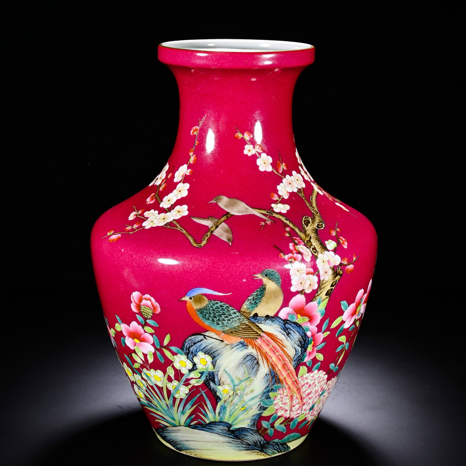 EMPEROR QIANLONG OF THE QING DYNASTY, A PLATE MOUTH VASE WITH A CARMINE RED GROUND AND POWDERY: Height:28cm (11.02in) , Diameter:19cm (7.48in) Wide flared dish?shaped mouth, sturdy neck, full shoulders, bulbous body tapering toward the ring foot, presenting a stately and substantial silhouette. 