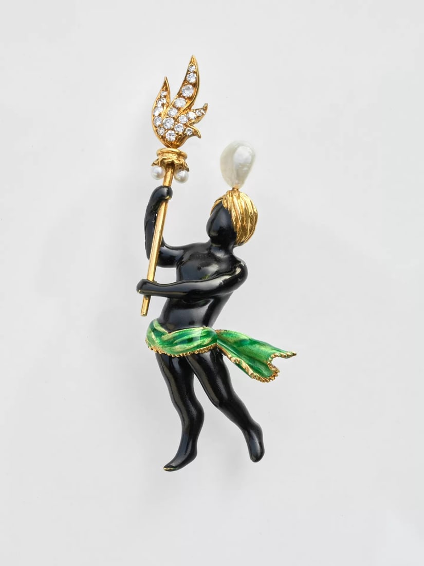 French 1950s 18K Blackamoor Enamel, Pearl and Diamond Brooch (1 of 6)