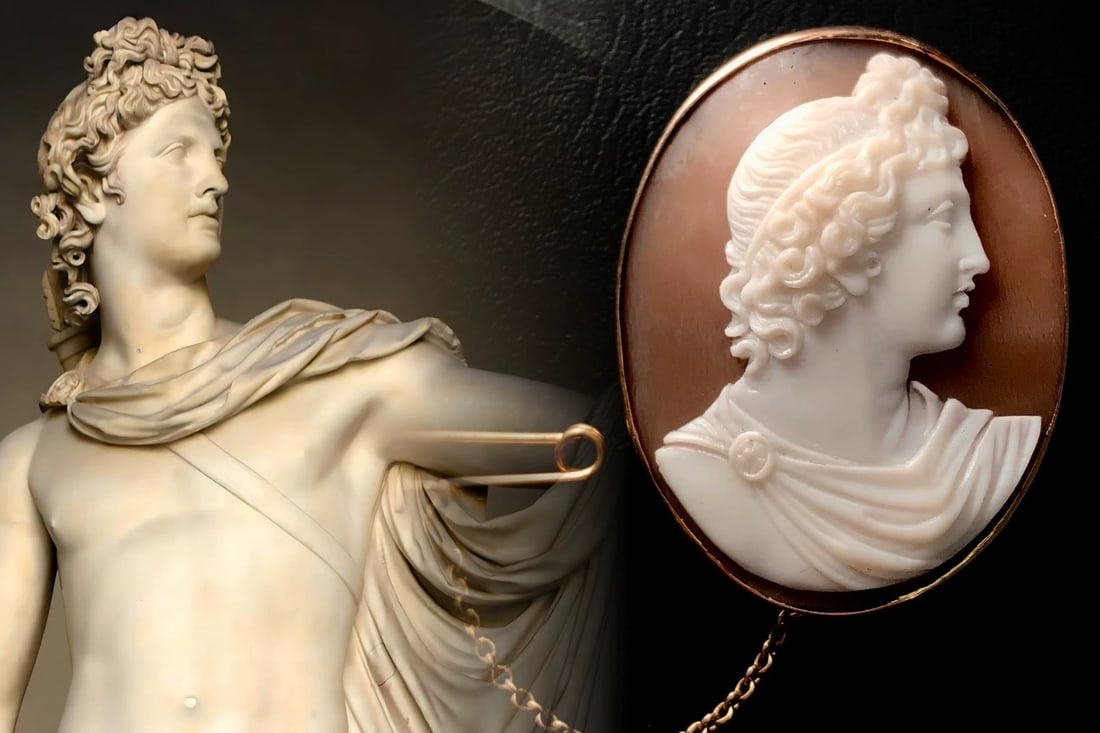 19th Century British Victorian Vatican Apollo 9K Gold Cameo Brooch: 2.8*3.7cm Wt:7.5g Mid-2nd Century AD Roman Empire Sculpture{Apollo del Belvedere (Apollo Belvedere)}Housed in the Vatican Museums, classic Archaeological Revival style with historic Archaeological Rev