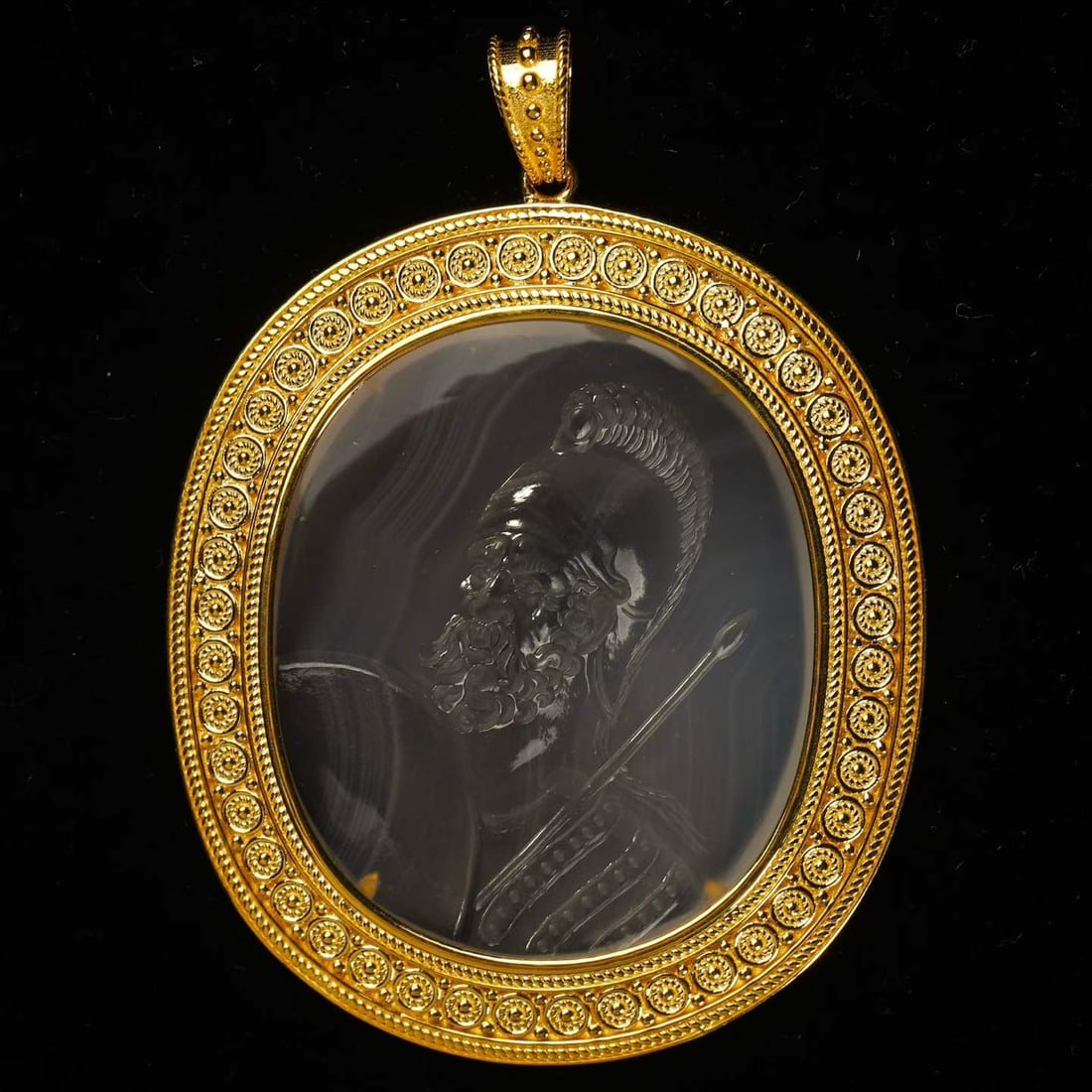 18K Gold Pendant with Banded-Agate Intaglio of Ancient Greek Warrior, From the Private Collection of: 7*5.1cm Wt:33.5g The agate originates from the private collection of Mr. John Bruckowski (1831-1900), a diamond specialist based in London and Zurich, acquired at auction. Mounted as a pendant in 18K 