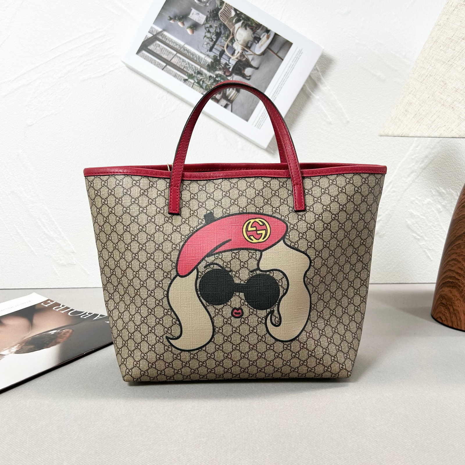 Gucci GG Supreme Cartoon-Girl Tote Bag, Red Leather Trim, Gold-Tone Hardware: 21*20*10