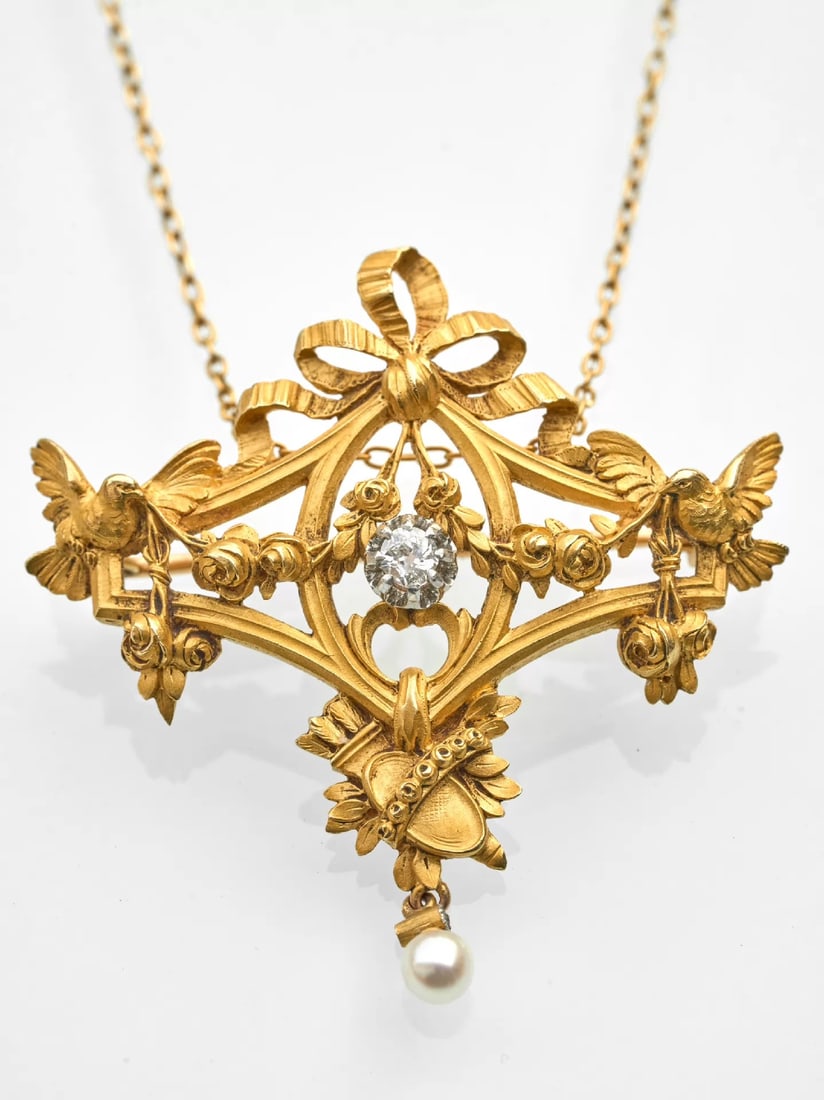French c.1890 Art Nouveau 18K Antique Diamond and Pearl Necklace: Chain Length:46.3cmPendant dimensions:4.5*4.4cmWt:16.6g Exquisitely hand-chased with pure hand gold carving, fully decorated on both front and reverse. Garland design featuring doves of peace, roses a