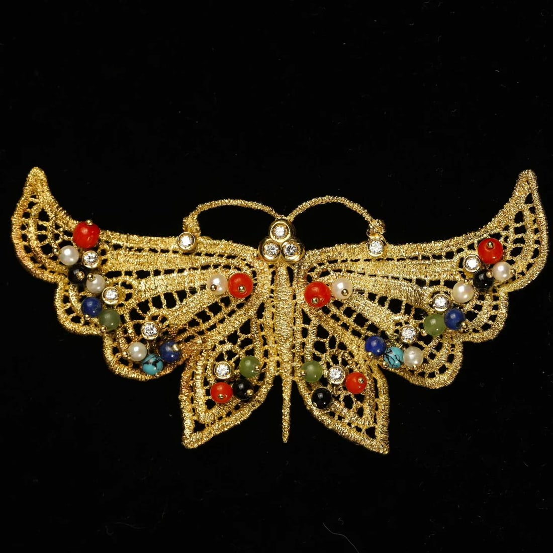 Italian G.GRASER (Giuseppe Graser) 18K Gold Twisted-Wire Open-Work Multi-Gem-Inlaid Butterfly Brooch: 7.5*4.1cm Wt:17.7g Production period: circa 1960-1975. Founded by Giuseppe Graser of German descent. His family gold-working heritage stems from traditional Alpine filigree craftsmanship. He combined 
