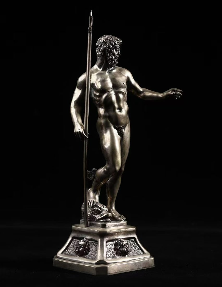 Fluid musculature, powerful presence, master craftsmanship, excellent condition, full antique: H:29cm L:12cm W:11cm Wt:1438g Antique Italian silver sculpture of Poseidon, God of the Sea