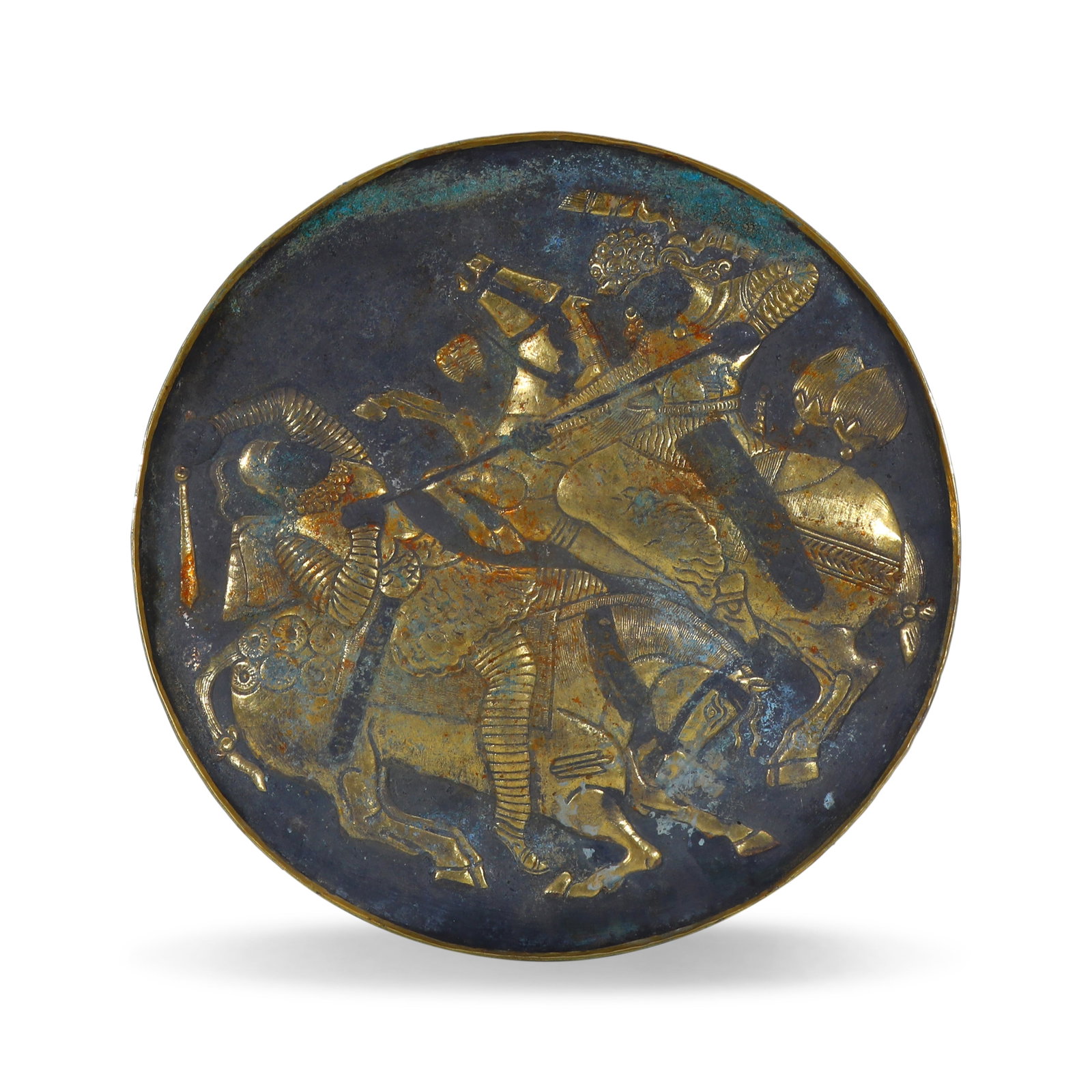 Plate, Sasanian-Persian, 3rd-7th Century, Gilt-Silver, Relief-Decorated with a Mounted Duel Scene: D:21cm Wt:288.7g Sasanian-Persian gilt-silver plate, 3rd-7th century, a luxury metal vessel of the Sasanian court. The centre of the plate is decorated in repouss?? high relief with a dynamic scene of
