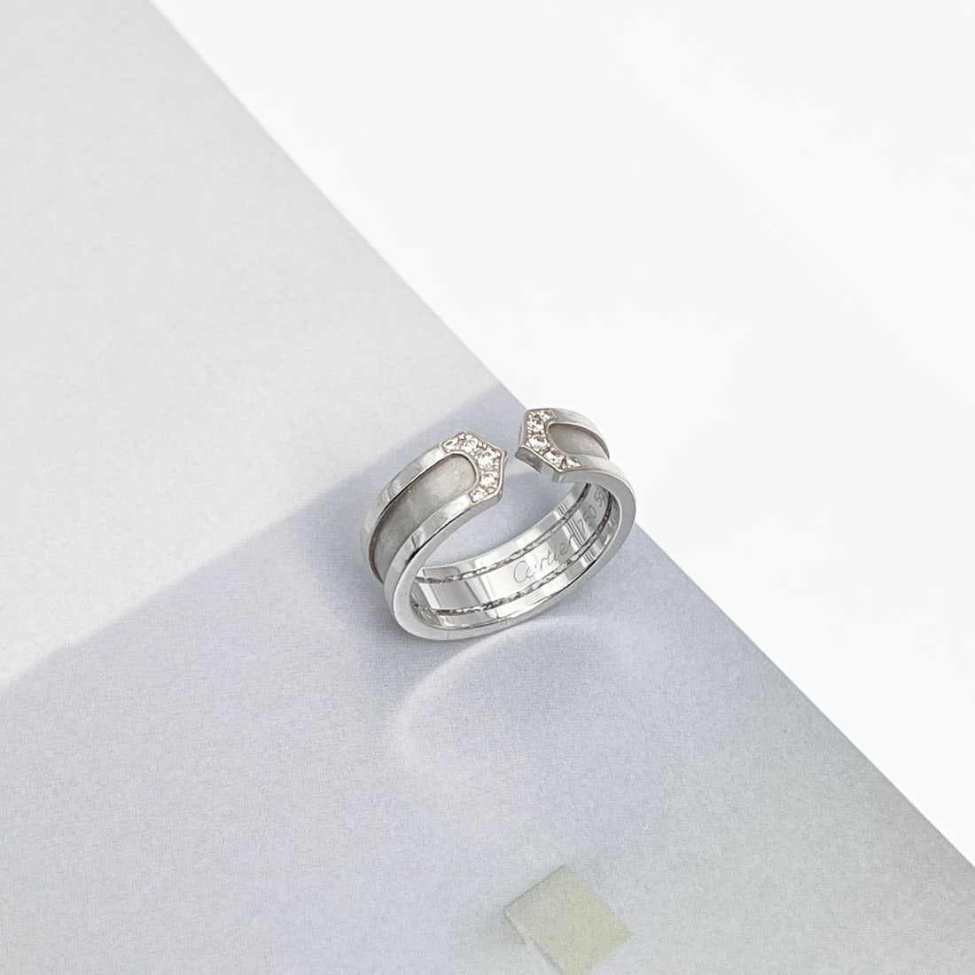 Cartier C-de-Cartier Open-Double-Loop Diamond Ring, 18K White Gold: Ring size EU-56