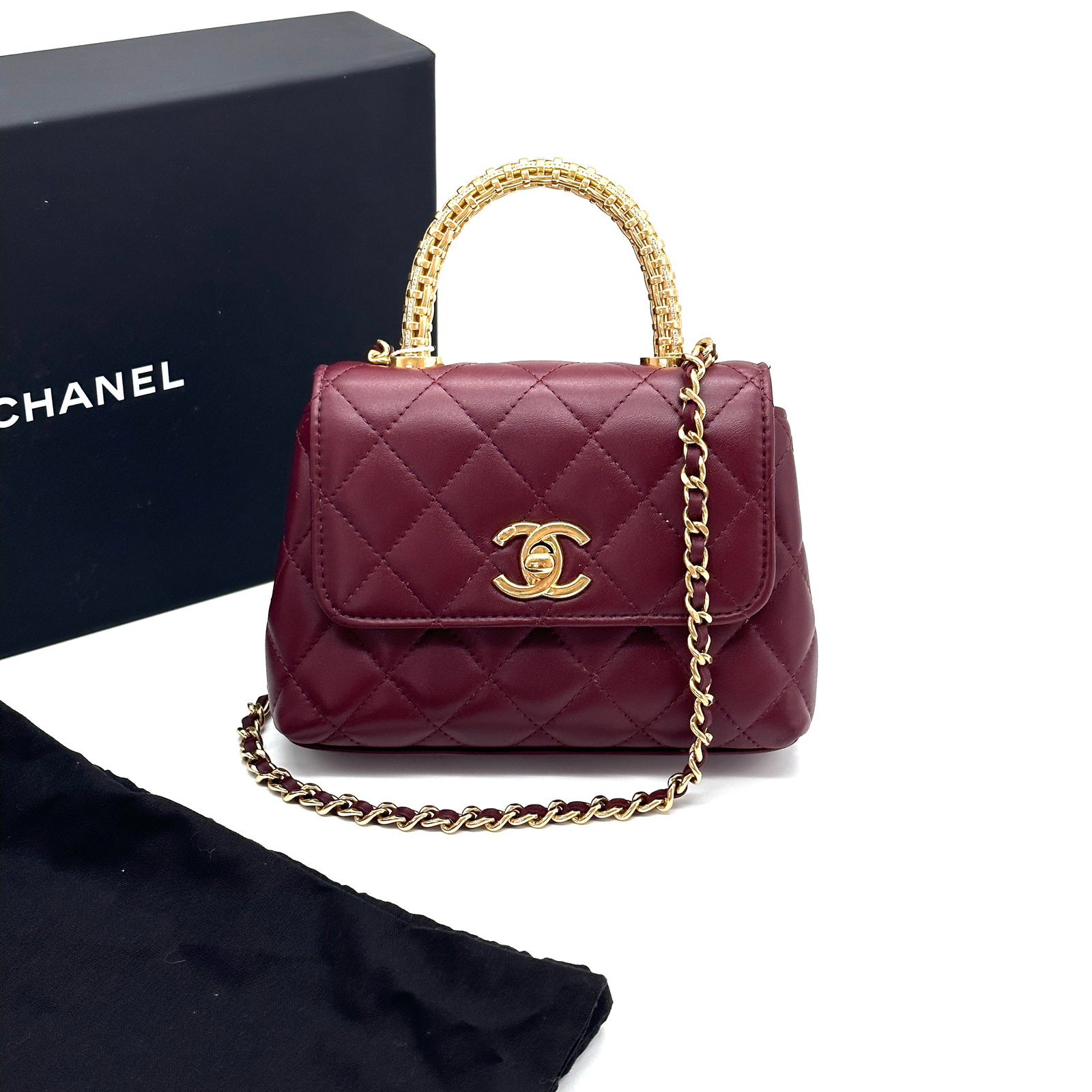 Chanel Coco-Handle Nano Handbag, Burgundy Lambskin, Light-Gold-Tone Woven-Metal Hardware, Hand-Carry (1 of 7)