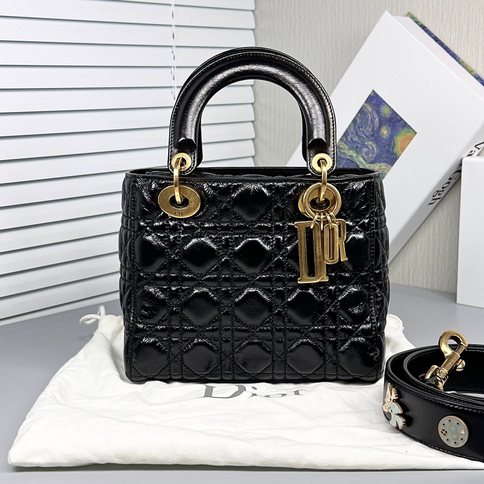 Dior Four-Cannage Lady-Dior, Black Glazed Calfskin, Gold-Tone Hardware: 20*17*8