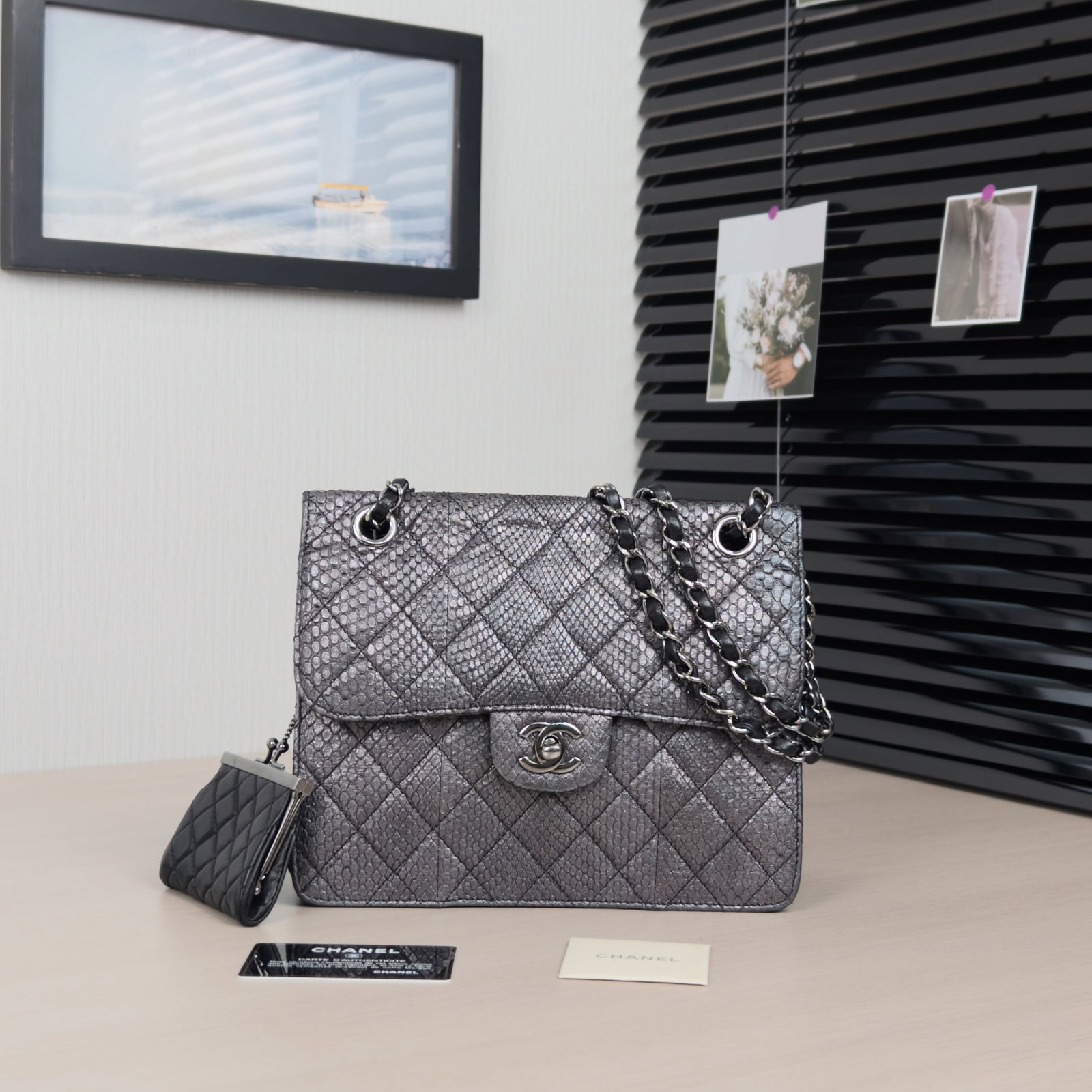 Chanel Classic Flap Jumbo, Metallic-Silver Bubble Caviar Calfskin, Silver-Tone Hardware, With: 23*19*7