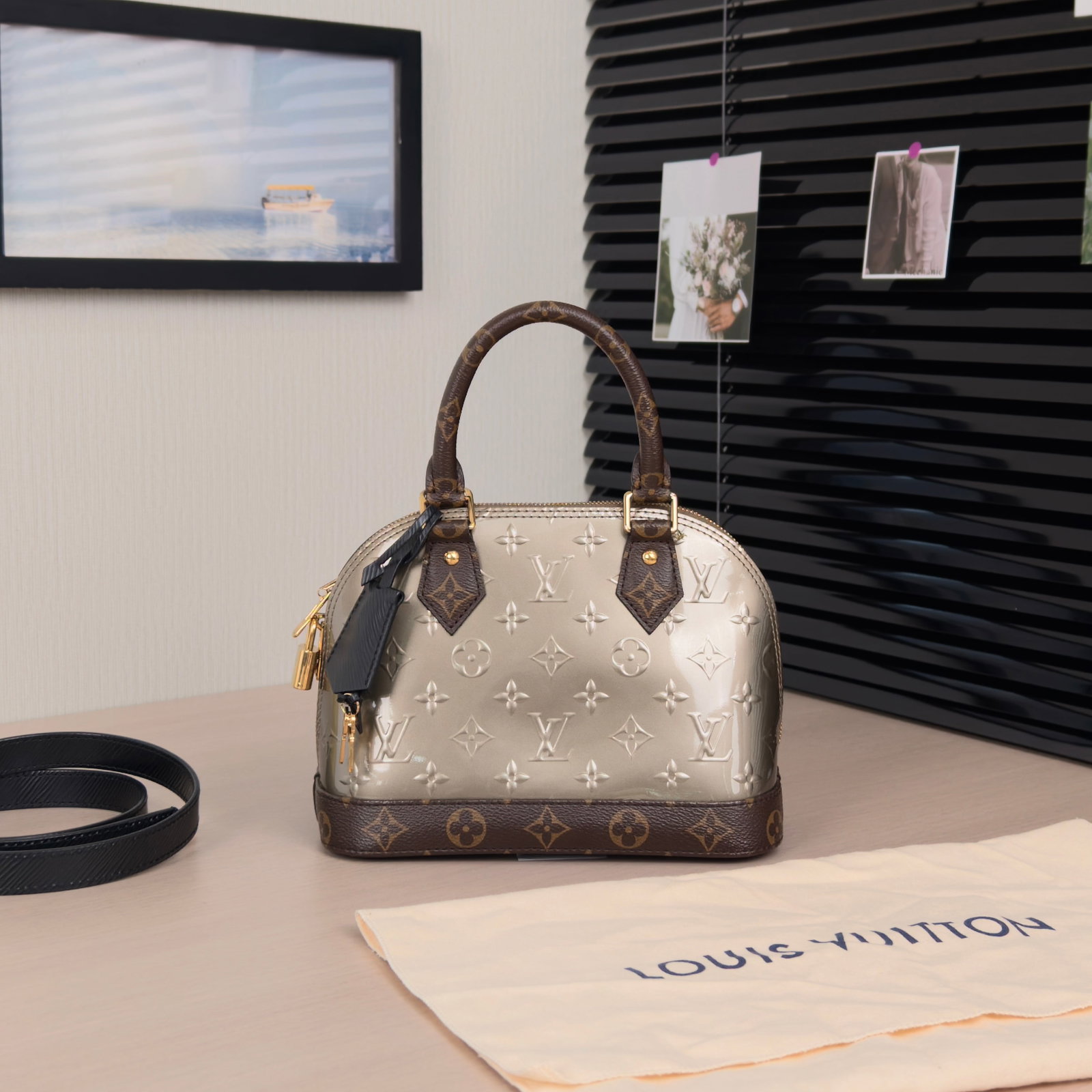 Louis-Vuitton Alma BB Handbag, Metallic-Silver Monogram-Embossed Patent-Leather With Monogram: 24*17*11.5