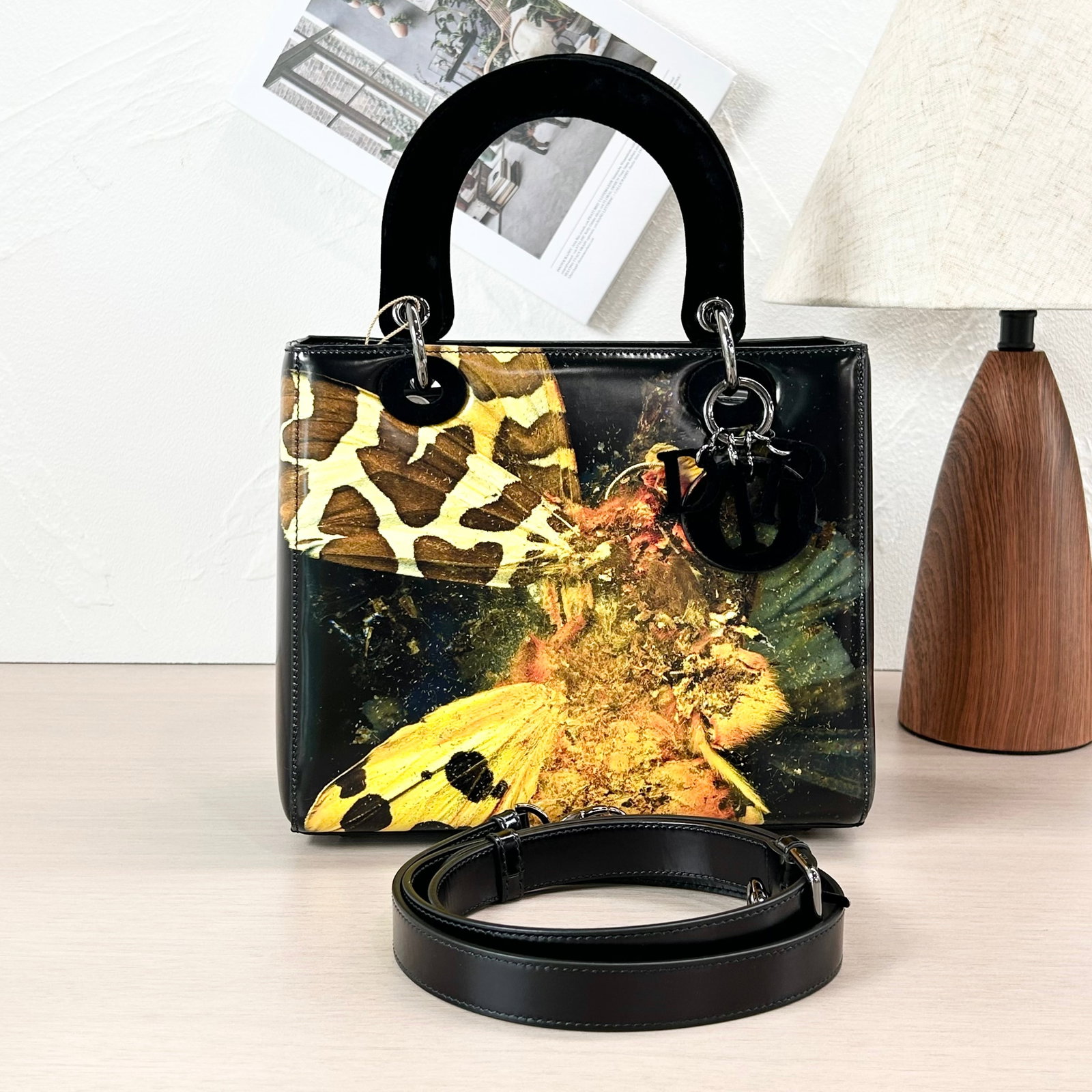 Dior Lady-Dior Limited-Edition Painted-Butterfly Patent-Leather Handbag, Silver-Tone Hardware,: 24*20*12