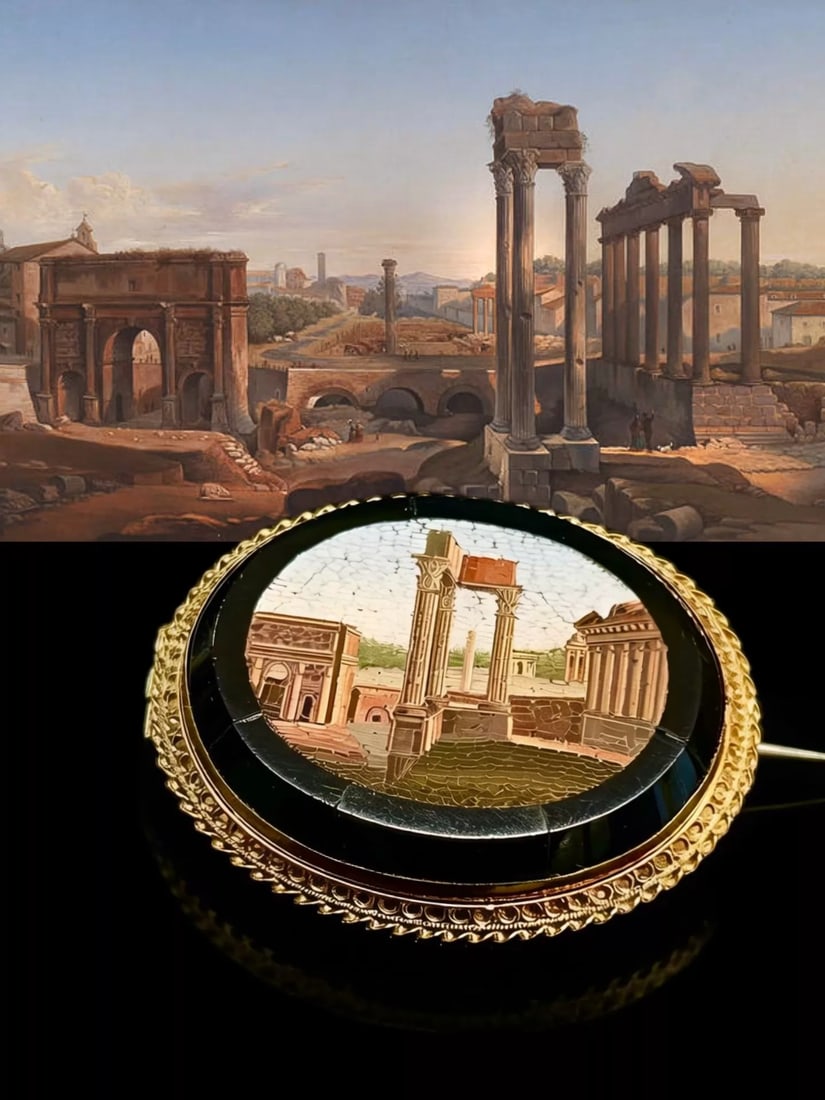 19th Century Italian 18K Gold Micromosaic Brooch Depicting Ruins of the Roman Forum: 4.1*3.4cm Wt:13.35g Archaeological Revival style*Grand Tour* aristocratic travel themeCentral panel depicts ruins of the Roman Empire dating to the 7th century BCE,a panoramic view of the Foro Romano 