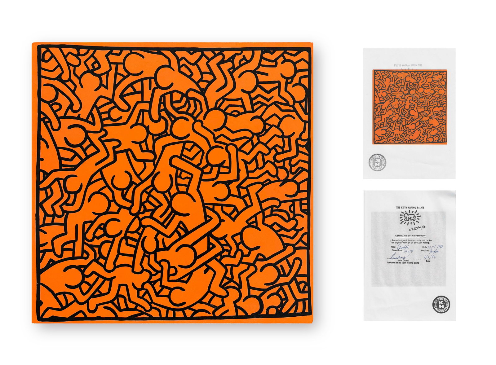 KEITH HARING (1958-1990), ATTRIBUTED TO, ACRYLIC ON CANVAS: Image Size: 19 by 19 inches (48 by 48cm) All measurements are approximate. Signed (on the overlap)Keith Haring (1958-1990) was a trailblazing American artist celebrated for his iconic and accessible v