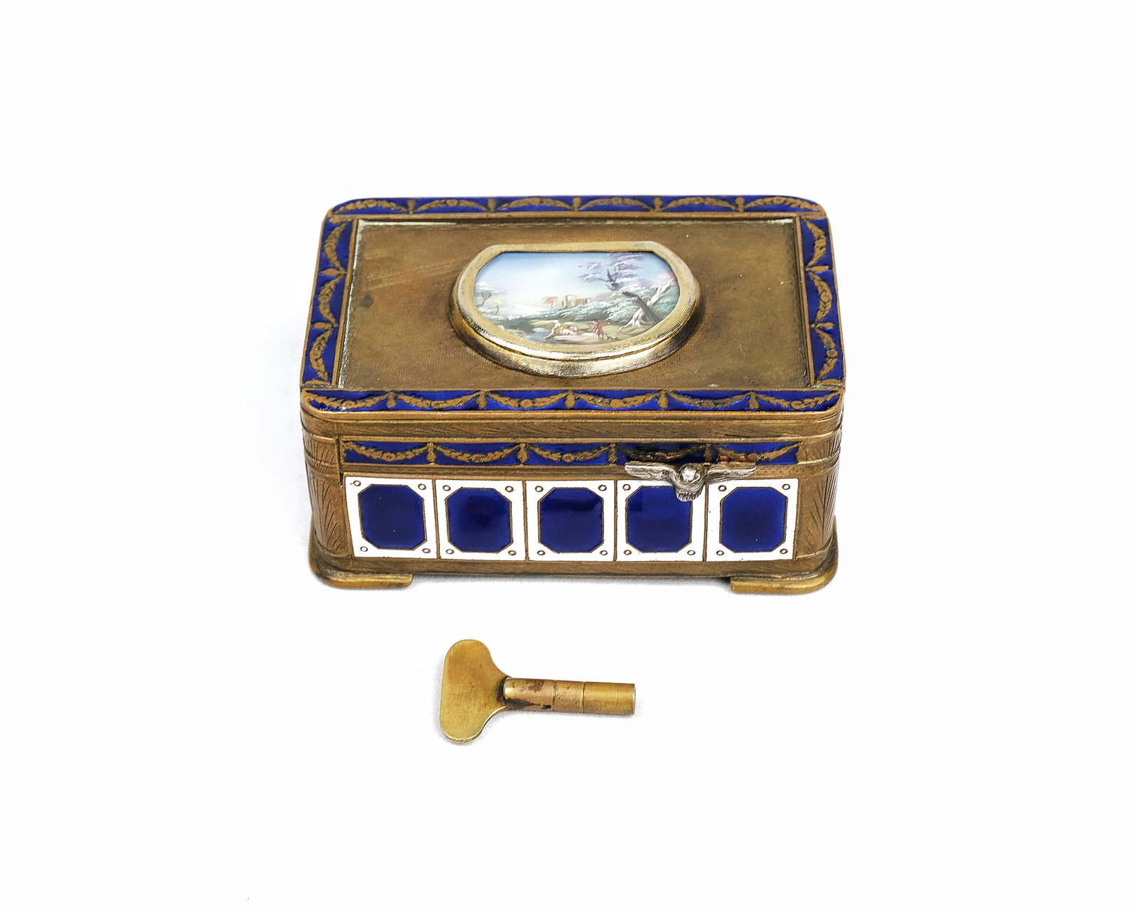 French 19th Century Louis XVI Style Singing Bird Music Box: 10*6.5*5cm Antique French 19th-century singing bird musical box in Louis XVI style. Fully gilt bronze with blue and white enamel decoration. The lid is set with a hand-painted French porcelain plaque