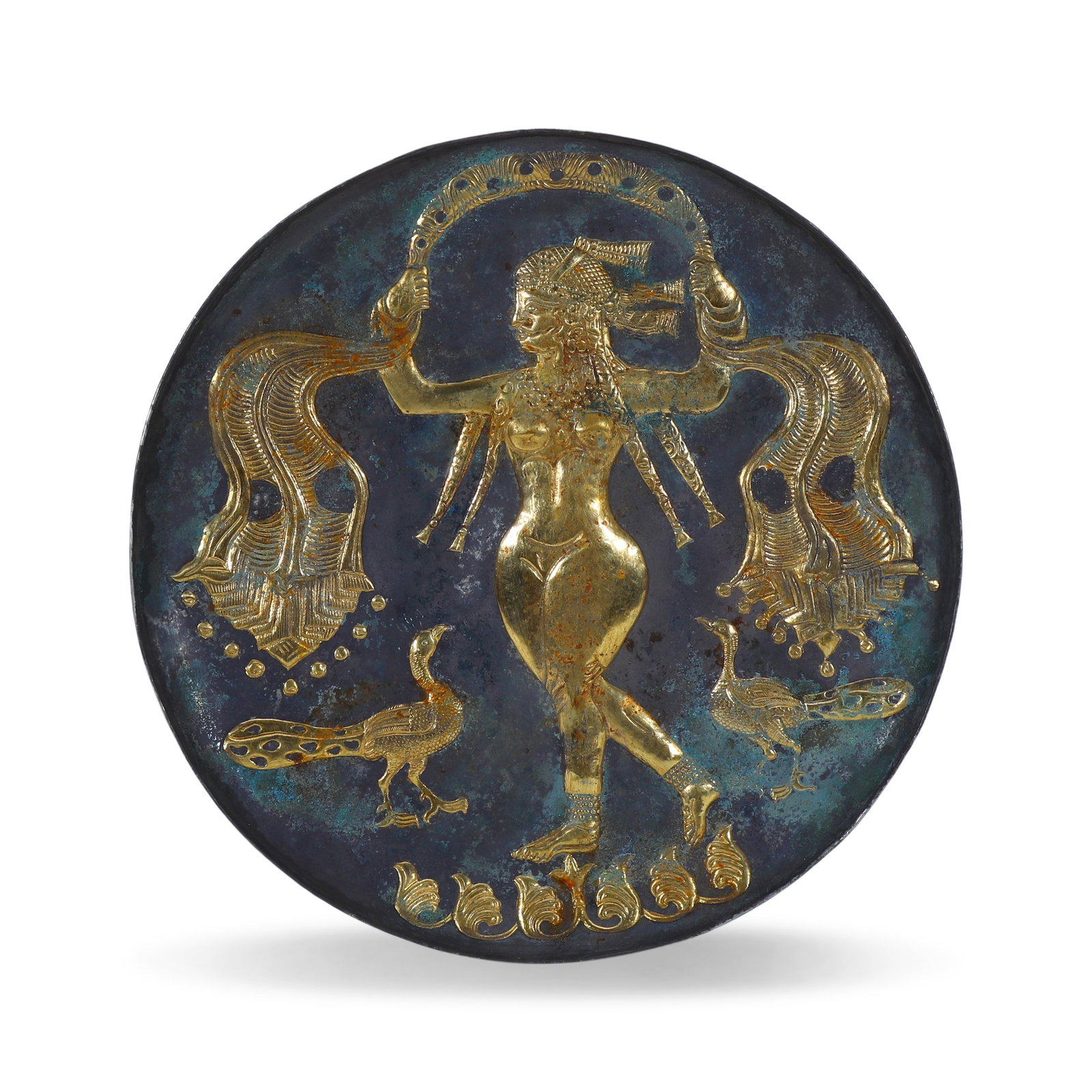 Plate, Sasanian-Persian, 3rd-7th Century, Gilt-Silver, Relief-Decorated with Goddess (Anahita) and: D:39cm Wt:968g Sasanian-Persian gilt-silver plate, 3rd-7th century, a luxury metal vessel of the Sasanian court. The centre of the plate is formed by repouss?? high-relief technique. At the centre sta