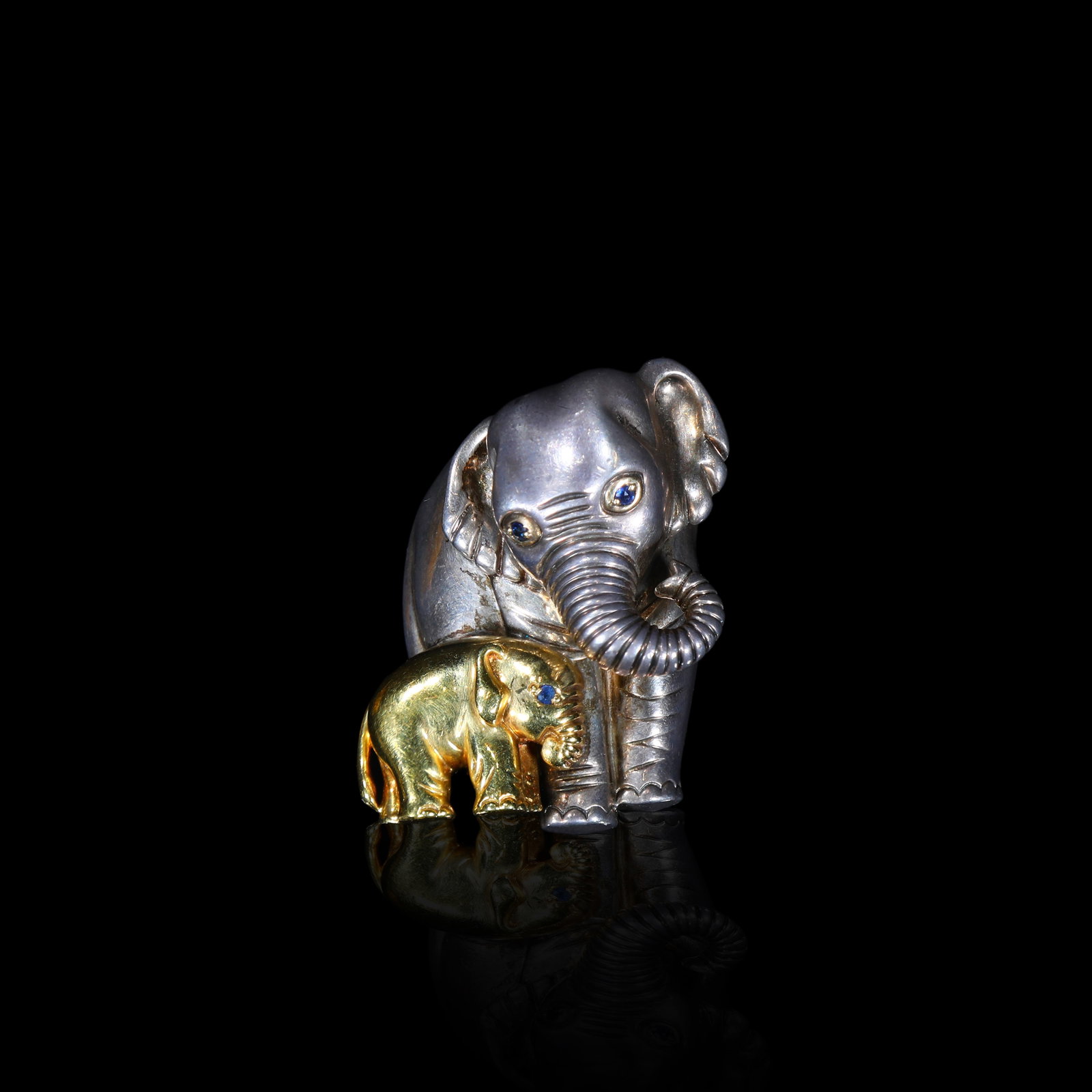 Tiffany & Co., Circa 1994, Sterling-Silver & 18-Karat-Gold Sapphire Mother-and-Baby-Elephant Brooch (1 of 4)