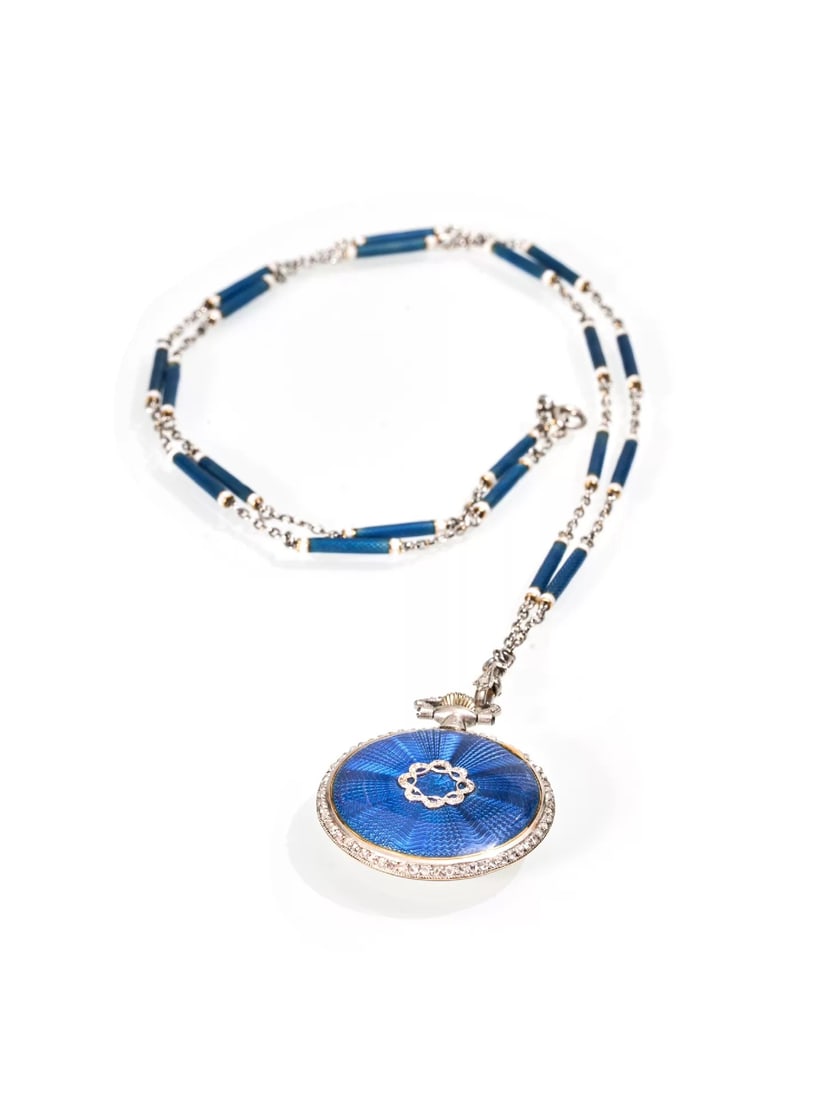 Early 20th Century French Edwardian Openwork Enamel Long Chain Pocket Watch: Chain Length:60cm-Wt:36.9g Small seconds dial. The case lid and links are decorated with openwork enamel accented by diamonds. Pocket watch diameter: 3 cm. Multiple markings on movement: "ADJUSTED" fo