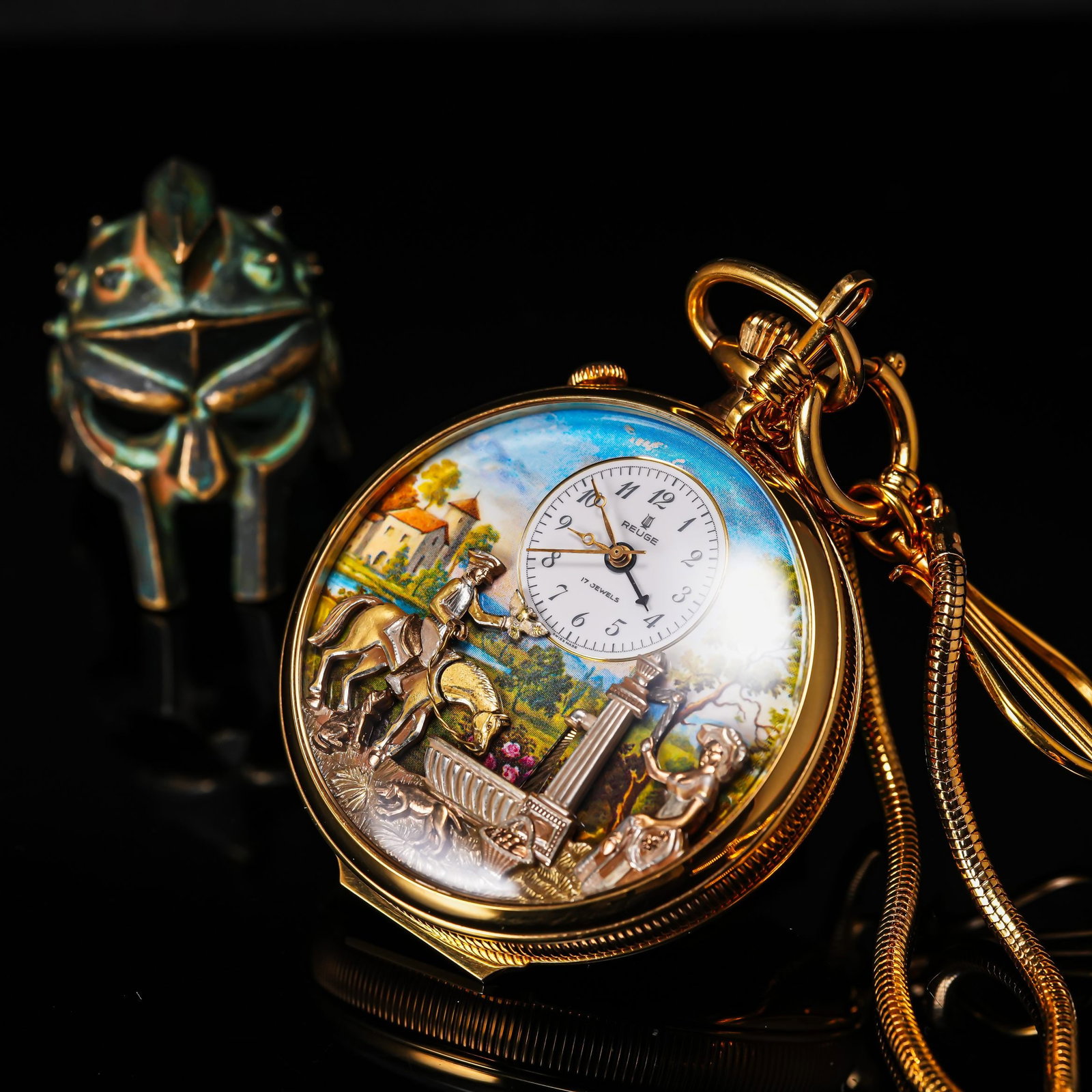 Swiss Reuge Gilt Mechanical Automaton Music Pocket Watch with Enamel: D:57mm