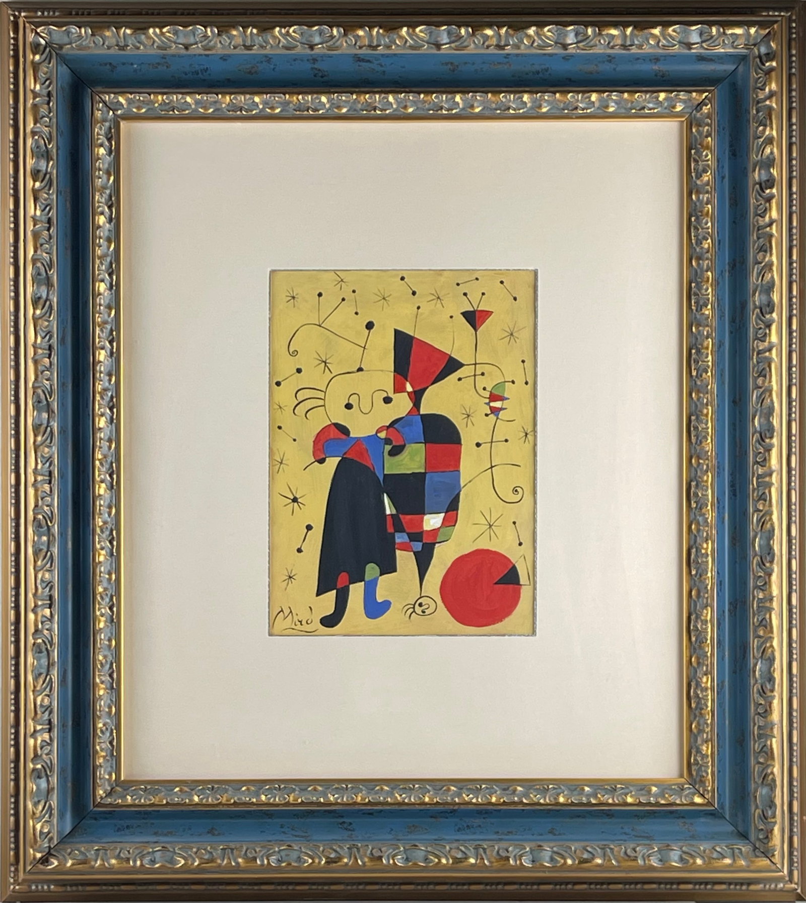Joan Mir??, "Figures and Dog in Front of the Sun": 28.2*20.4 cm Medium: Paper, mixed media colourSignature: Mir?? (lower left)Date: 1949Provenance context: This work dates from Mir??'s mature period. Using surrealist visual language, he breaks away fr