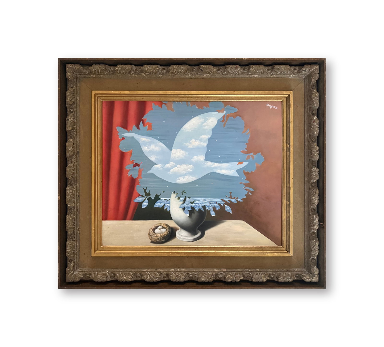 REN- MAGRITTE (1898-1967), ATTRIBUTED TO, OIL ON CANVAS: Image Size:20 3/4 by 25 1/2 inches (53 by 65 cm) All measurements are approximate.Framed dimensions:30 1/2 by 90 7/16 in (77.5 by 90cm) Signed (upper right)Ren?? Magritte's work occupies a defining po