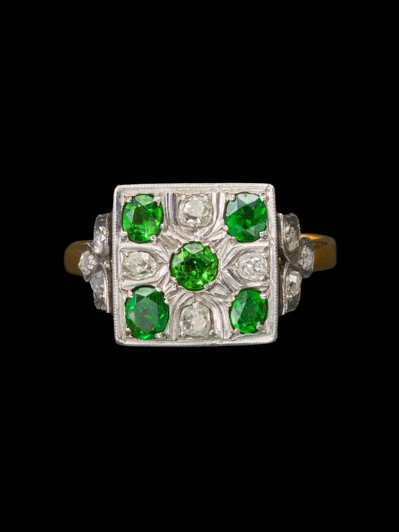 Edwardian 18K Gold and Platinum Demantoid Garnet Diamond Ring (1 of 5)