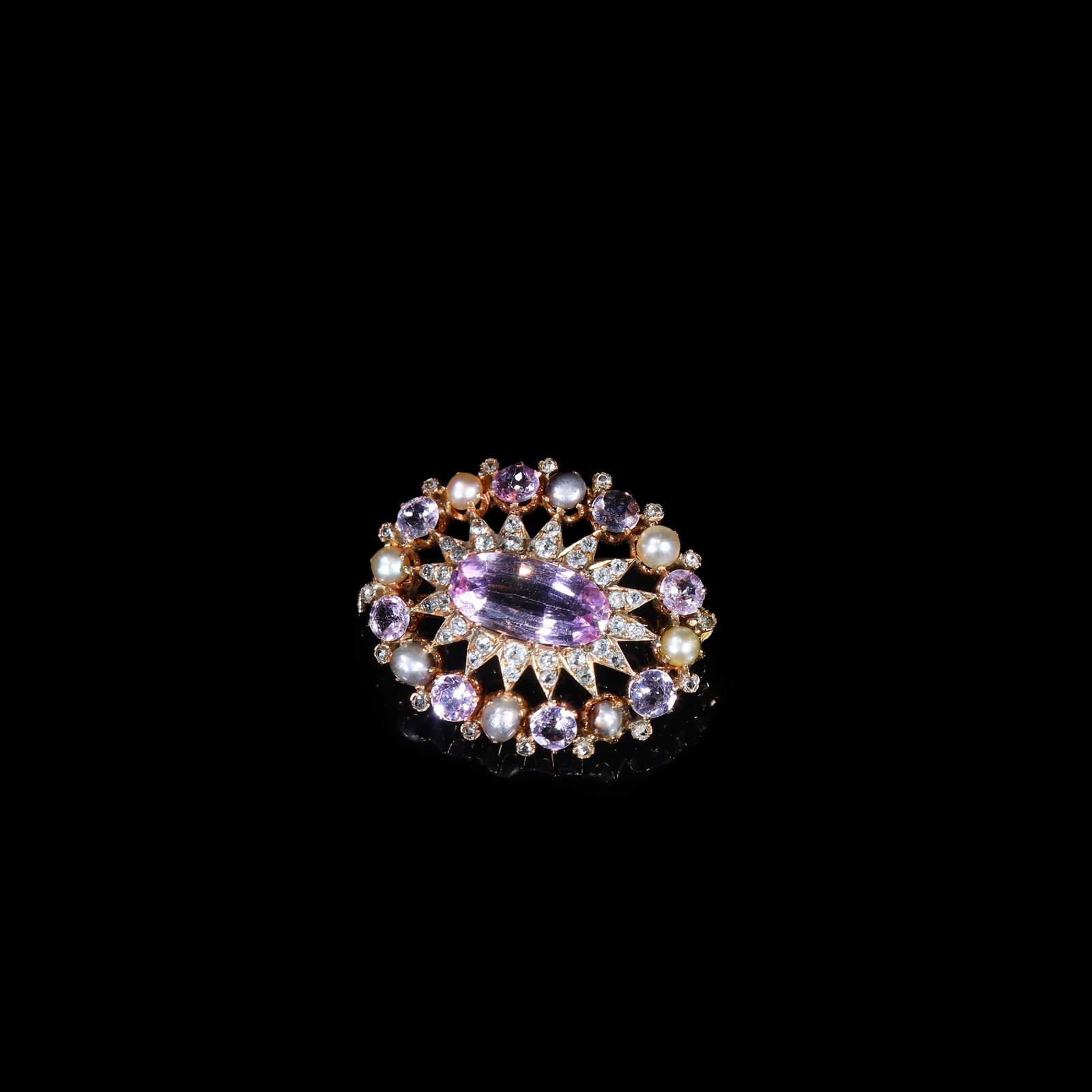 Victorian Period, 18K Gold, Pink Topaz, Natural Wild Pearl and Old-Cut Diamond Brooch: 2.5*3cm Wt:9.27g European antique jewellery dating to the Victorian era, crafted in 18-carat gold. Centred by an oval-cut pink topaz set in period-typical open-back mounting, the base of the stone rem