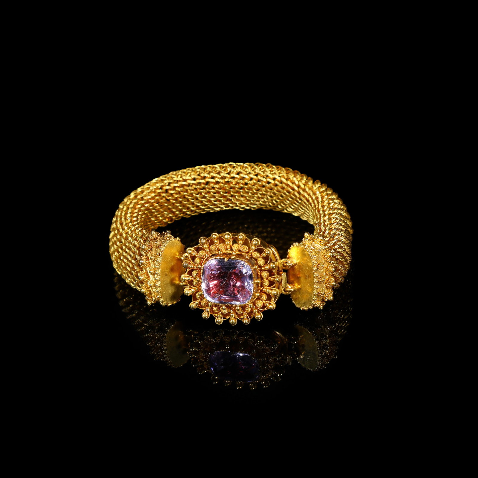 Georgian-Period Filigree and Granulation Gold, Pink-Topaz Woven-Gold Bracelet-Chain (1 of 4)