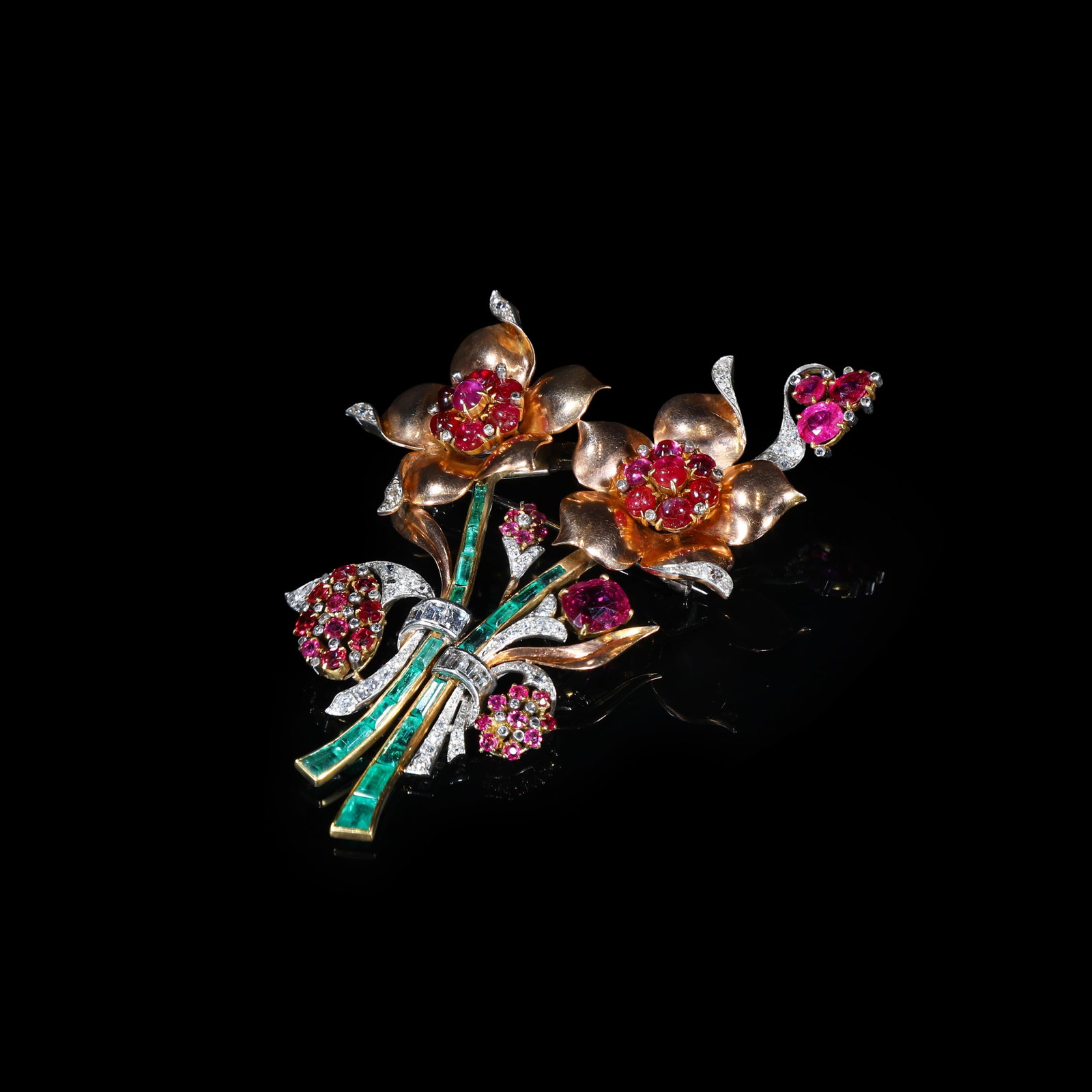Retro-Period (Circa 1940-1950) Two-Tone-Gold, Ruby, Emerald and Diamond Floral-Bouquet Brooch (1 of 5)