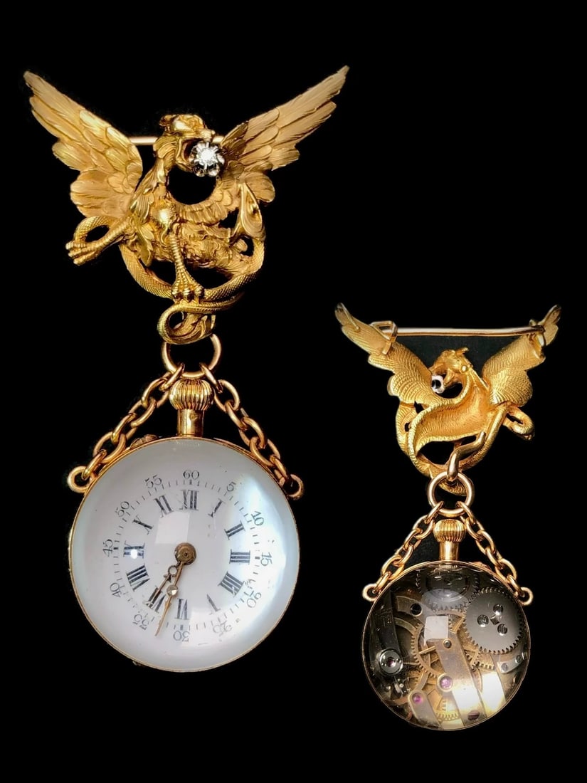 Multi-Wear Antique 18K Gold Chimera Gilt Carved Rock Crystal Lapel Watch / Brooch / Pendant by: 4.5*7.5cm Wt:61.22g Official French horologist: Jacques Gustave Sandoz.French gold hallmarks stamped on brooch and crown. Double-sided crystal globe open-face pocket watch.Shaped as a celestial sphere