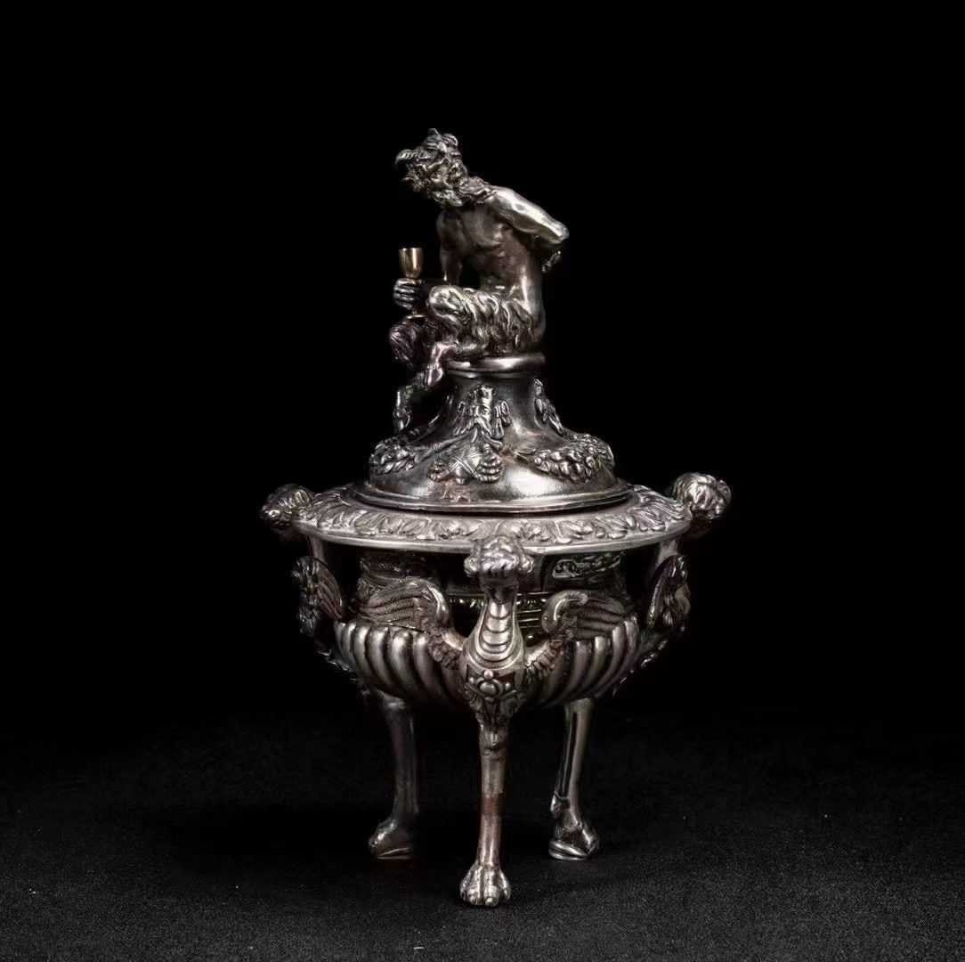 Art Nouveau (1880-1920) French Antique Carved Silver Incense Burner with Ancient Greek Mythological: H:22cm W:14cm Wt:1235g Hand-sculpted three-dimensional silverwork. Pan from ancient Greek mythology holds a golden goblet, savouring all the joys the world has to offer. Pan is a therianthropic deity 