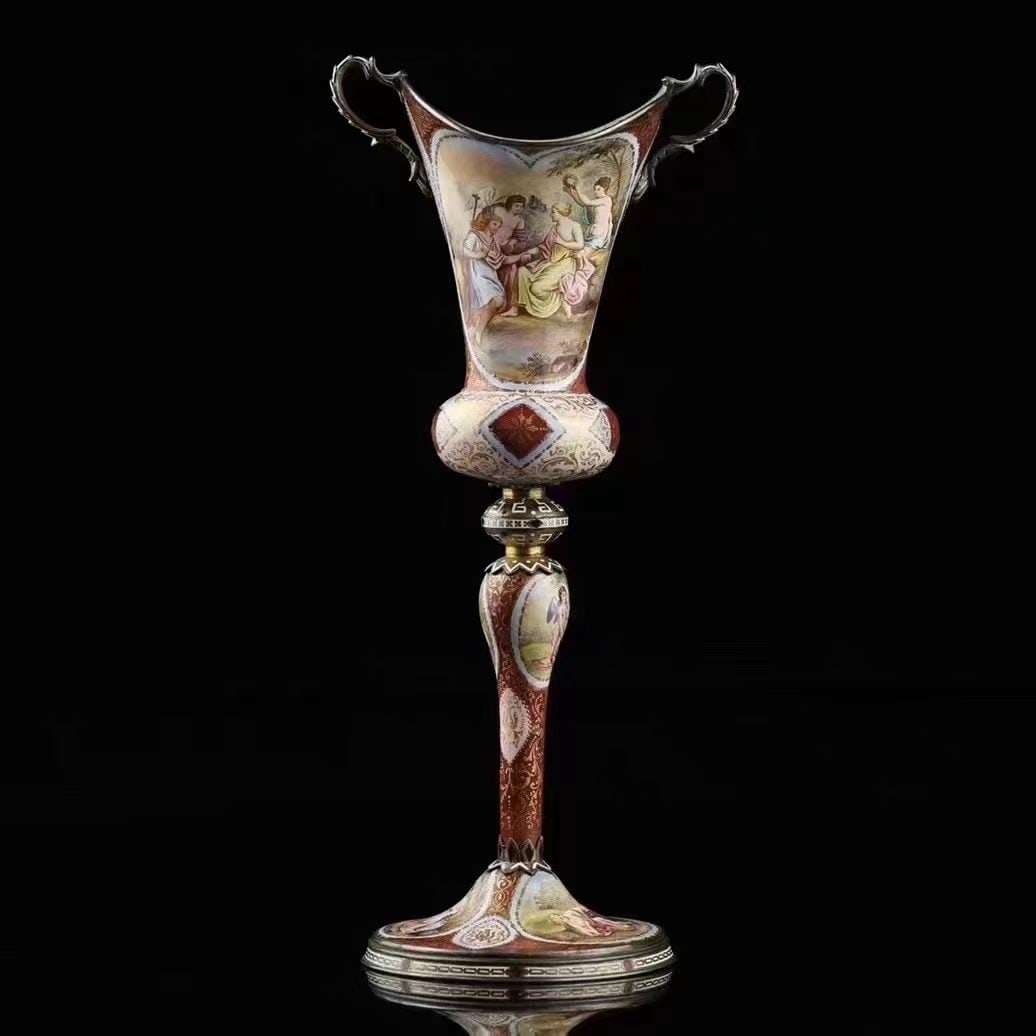 Austro-Hungarian Empire (1867-1918) Austrian Royal Vienna Silver Mount Hand-Painted Enamel: H:27.5cm W:13cm Wt:296g Austrian enamel art jewellery pursues pure artistic authenticity. This wine vessel is handcrafted entirely in sterling silver, fully hand-painted with enamel on all interior an